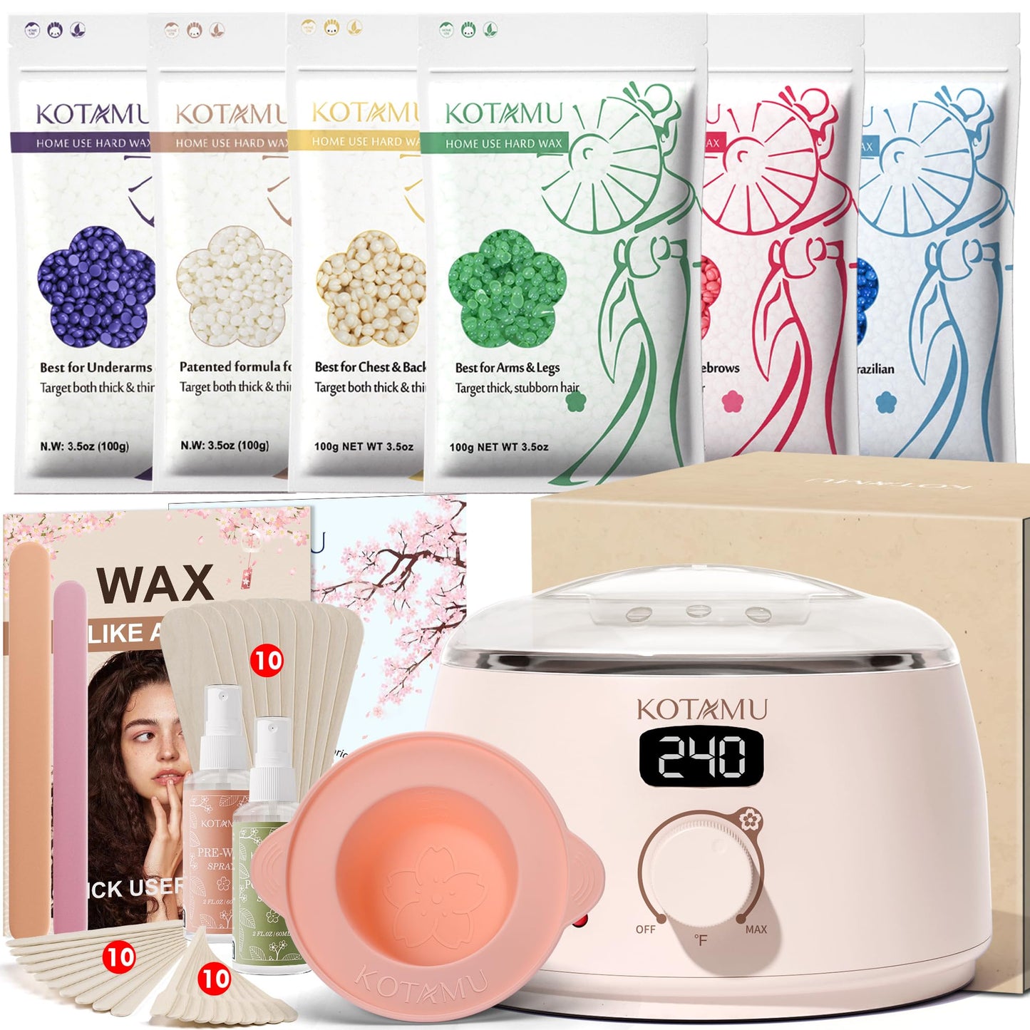 HotKOTAMU Waxing Kit for Women & Men, Pink Digital Wax Pot Warmer Hair Removal | Home Hard Wax Kit, Wax Machine, Face, Eyebrow, Bikini, Brazilian, Body, Sensitive Skin, 25 Accessories, Beginner-Friendly