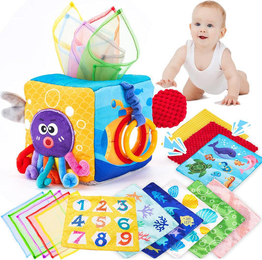Hot hahaland Baby Tissue Box Toy 6-12 Months Montessori Toys 6 7 8 9 Month Old | Textured Tails, Crinkle Tissues, Squeaky, Mirror, Pull & Hang Ring, Play Silks Sensoy Scarves Soft Baby Gift Busy Travel Toys