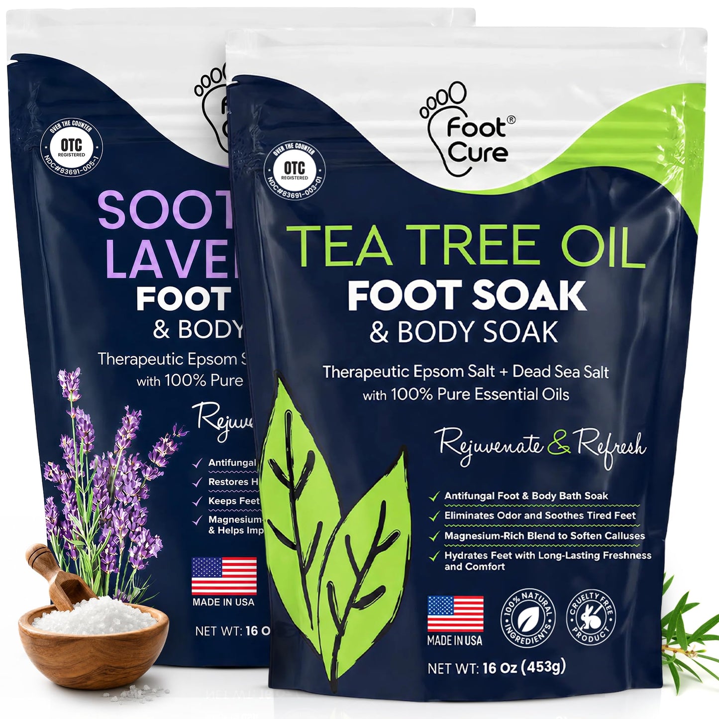 HotTea Tree Oil Foot Soak with Epsom Salt - For Toenail Repair, Athletes Foot, Softens Calluses, Soothes Sore & Tired Feet, Nail Discoloration, odor Scent, Spa Pedicure Care - Made in USA 16 oz