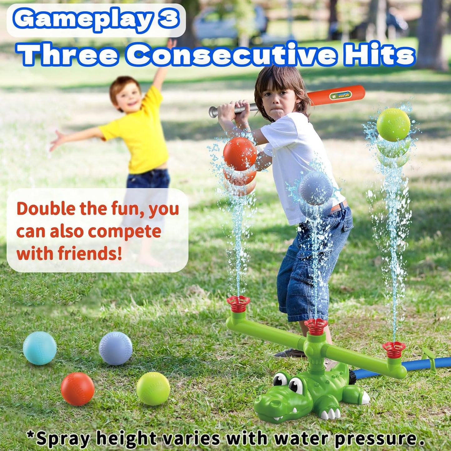HotIntoypad 4-in-1 Kids Water Sprinklers T Ball Set & Water Ball Toy, Crocodile Baseball Sprinkler for Backyard Outdoor Summer Toys for Boys Girls Outside Yard Water Game Toys for Kids Toddlers Ages 3-8