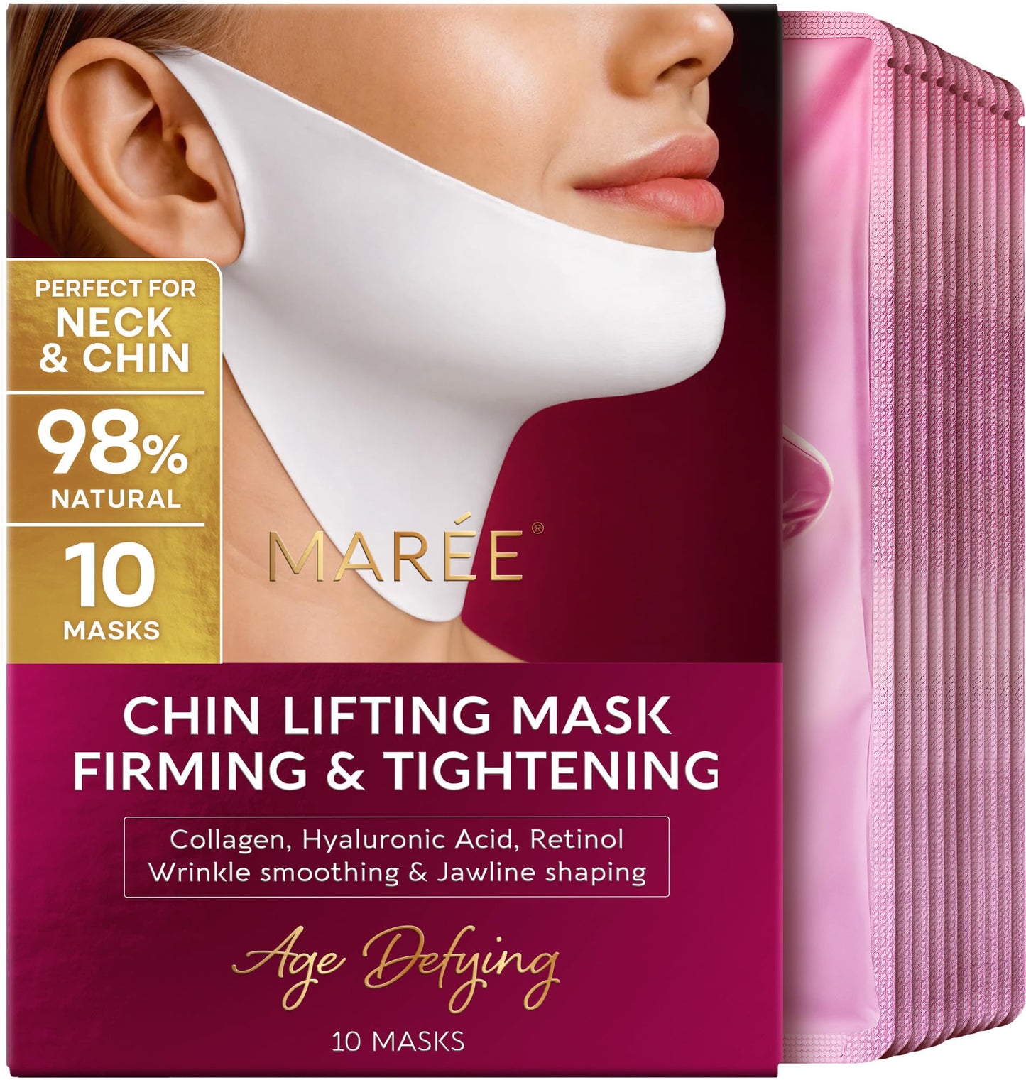 HotMAREE V Line Lifting Mask with 24K Gold – Deep Collagen Face Mask for Women – Jawline Shaper Mask with Retinol & Hyaluronic Acid – Neck Tightening & Firming - Double Chin Strap for Face Lift