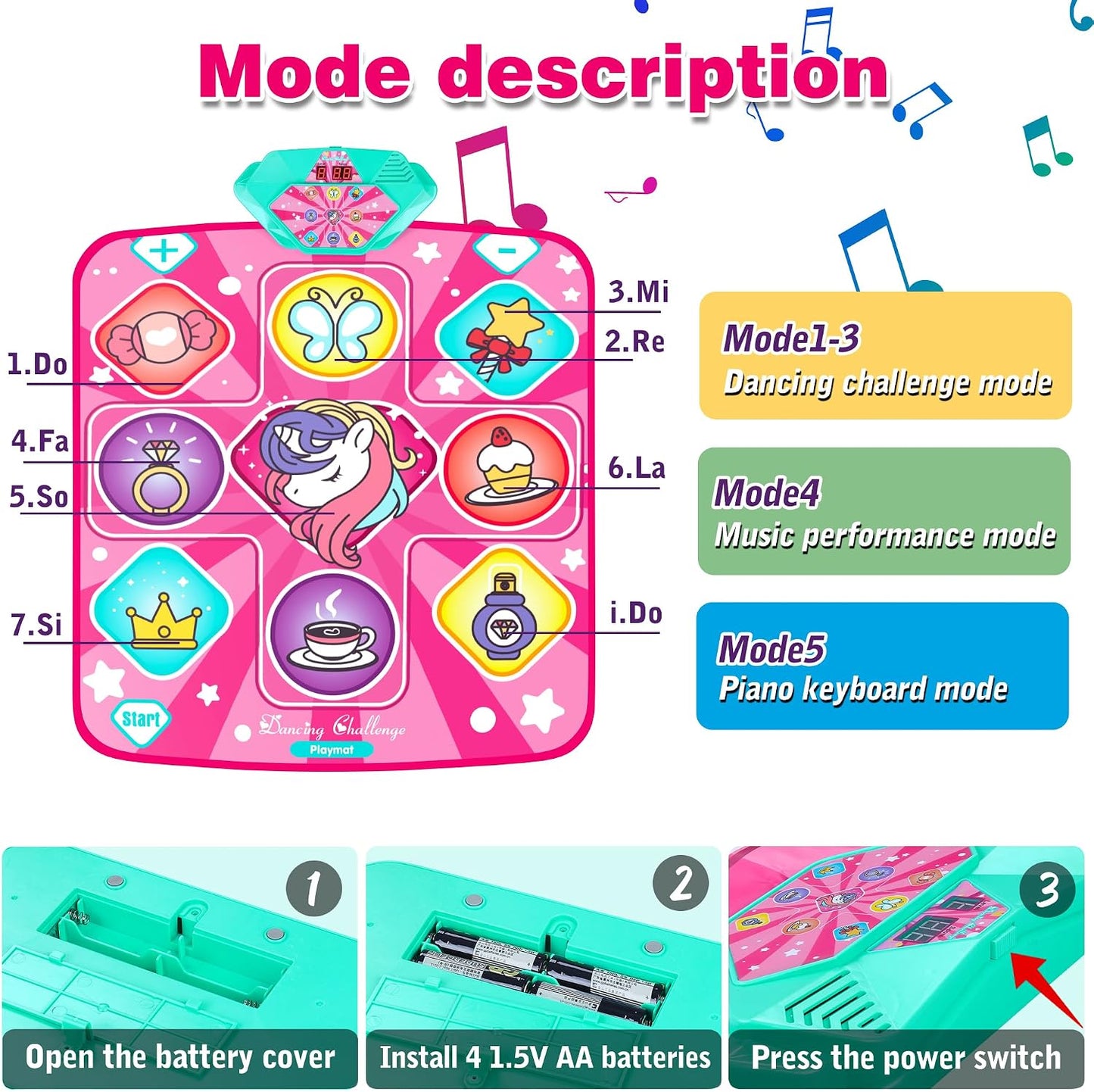 Hot Kusntin Dance Mat, Dance Mixer Rhythm Step Play Mat, Pink Dance Pad with LED Lights, Adjustable Volume, Built-in Music, 5 Game Modes, Xmas Birthday Gifts for 3-10 Years Girls Toys (Multicolor)