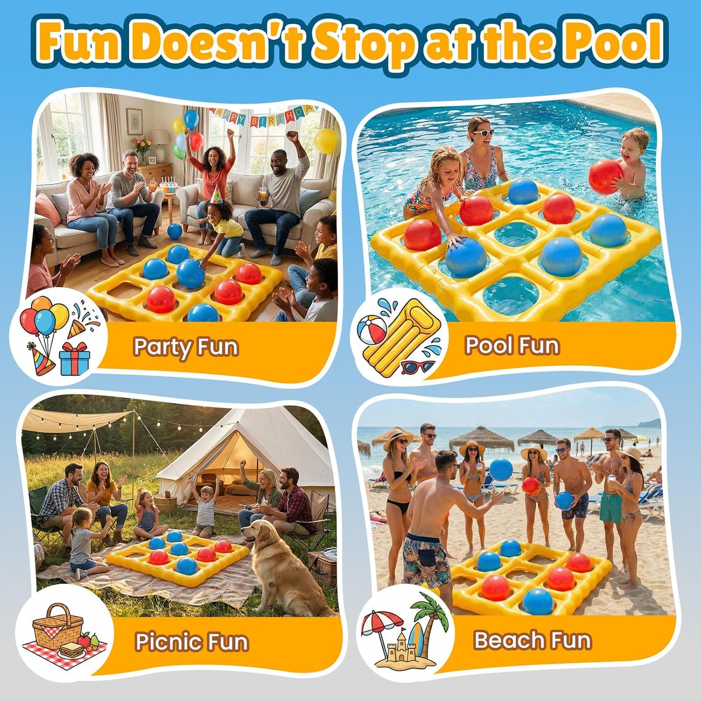 Hot Pool Toys Inflatable Tic-Tac-Toe Game Giant Outdoor Floating Game with 10 Balls Swimming Pool Games for Kids Adults Family 2-10 Players Yard Pool Beach Lawn Camping