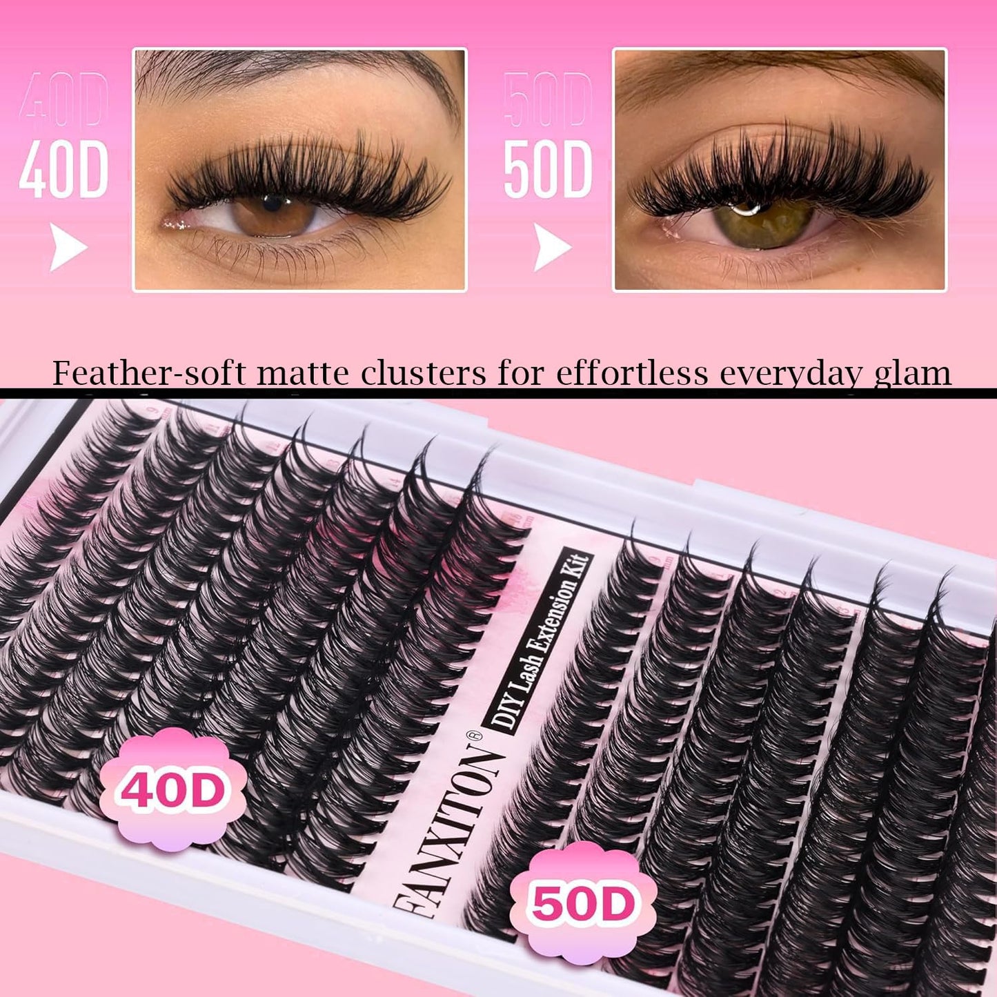 HotFANXITON DIY Individual Eyelash Extension Kit, Thick Volume Lash Clusters 40D+50D D Curvature, 280 Pieces Thin Band Cluster Lashes with Bond and Seal Tweezers