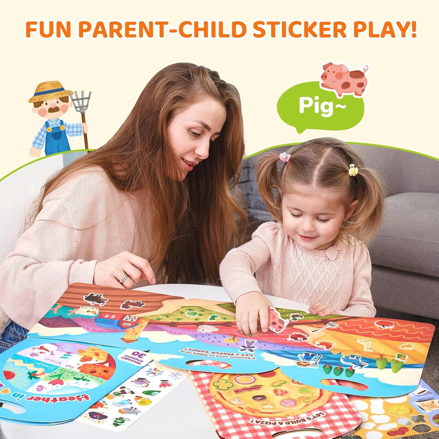 HotJoyCat Reusable Sticker Book Set (3-Pack): Farm, Pizza-Making, Weather - 90 Pcs Stickers for Toddlers, Kids Sticker Activity Book, Road Trip Travel Toys, Birthday Gifts for Boys and Girls