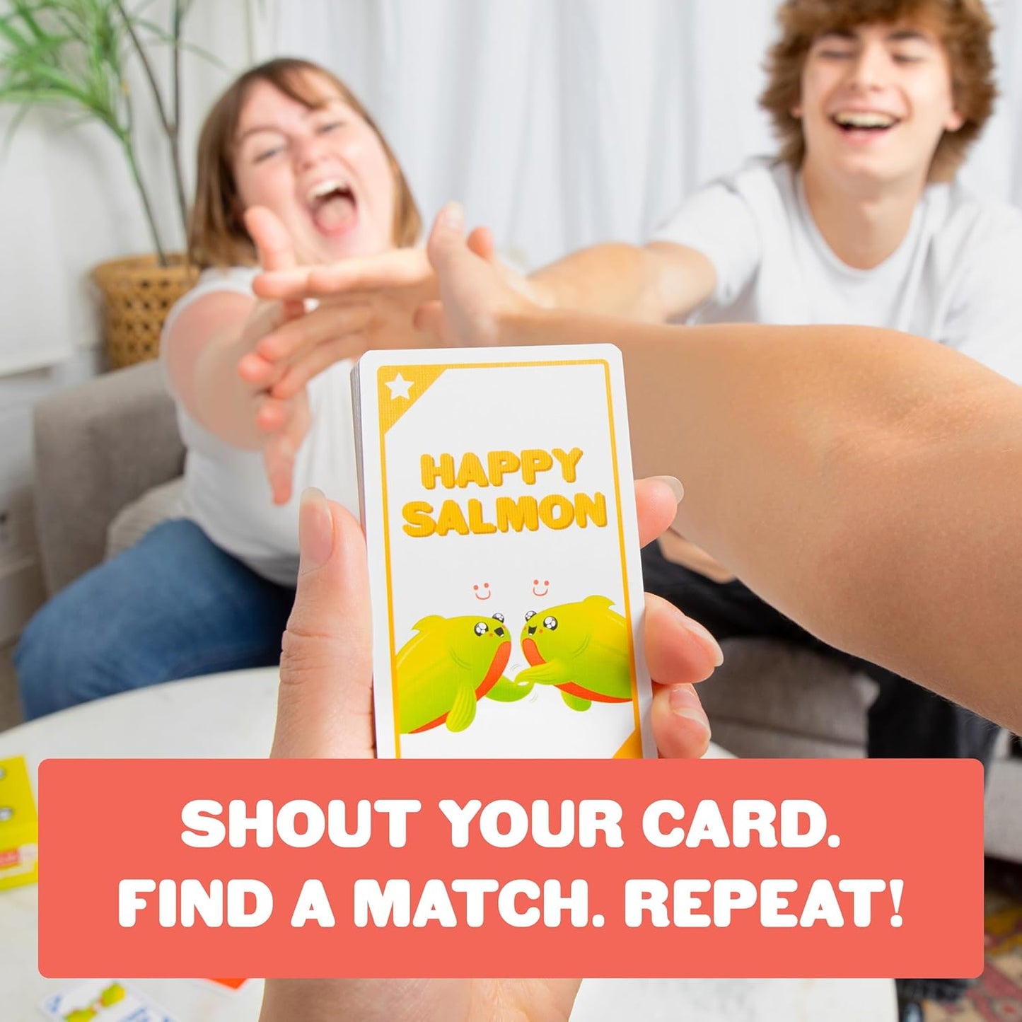 HotExploding Kittens Happy Salmon Matching Card Game, 3-8 Players, Ages 6+ | Frantically shout your actions, find a matching player, complete the action, and discard your card. Fast 90-second travel fun