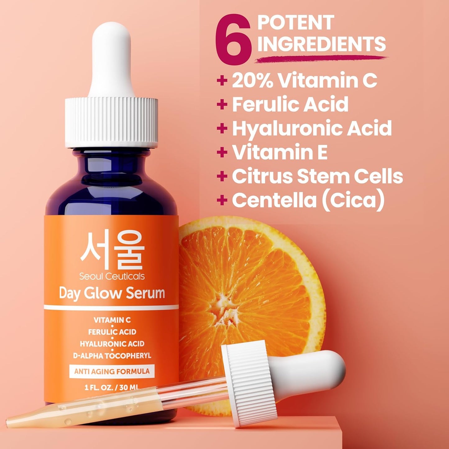 HotSeoulCeuticals Korean Skin Care 20% Vitamin C Hyaluronic Acid Serum + CE Ferulic Acid - Potent Anti Aging, Anti Wrinkle Korean Beauty 1oz