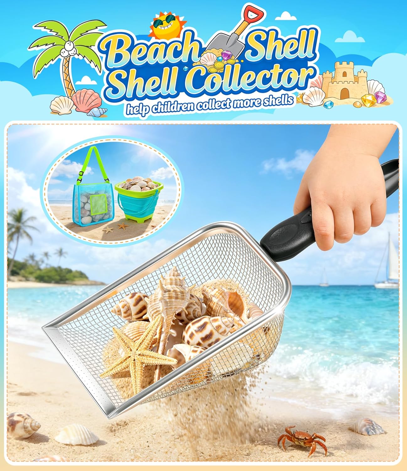 Hot DISHIO Beach Toys for Kids, 24 Pcs Metal Sand Sifter & Collapsible Beach Buckets Set, Stainless Steel Sand Shovel, Sandcastle Building Kit with Mesh Bag, Travel Sand Toys for Toddlers Age 3-10
