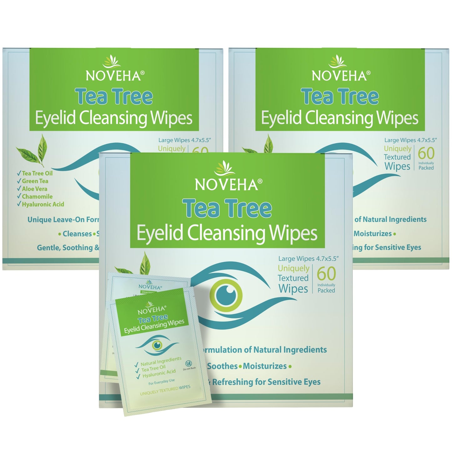 HotNOVEHA 60PCs Tea Tree Oil Eyelid & Lash Wipes | With Hyaluronic Acid, Green Tea & Chamomile For Blepharitis, Itchy & Stye Eyes, Individually Wrapped, Natural Eyelash Makeup Remover & Daily Cleanser