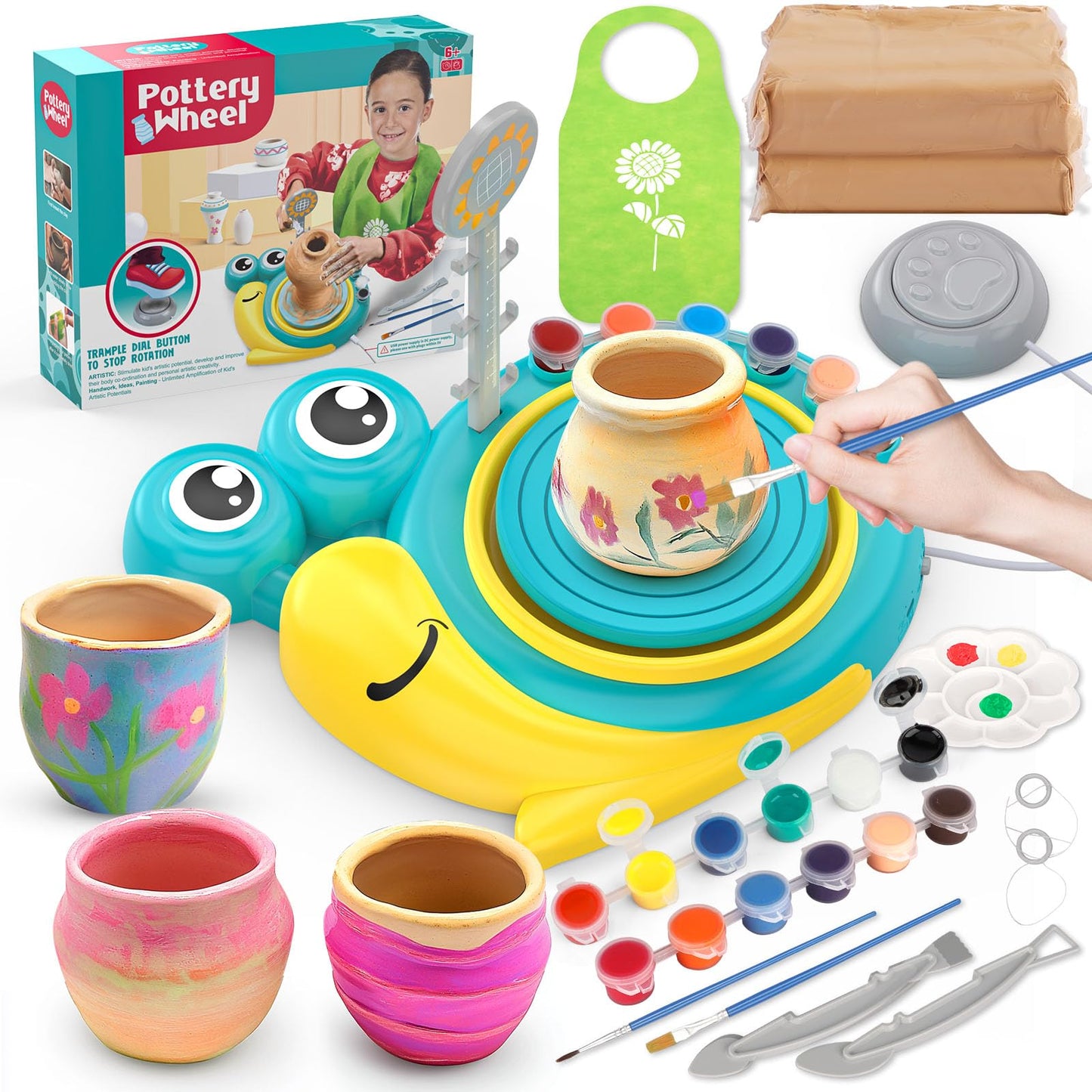 HotAujazyble Pottery Wheel for Kids - Complete Pottery Painting Kit Arts and Crafts for Kids Ages 8-12 with 3 Pack Air Dry Clay Art Supplies Toys for Girls Boy Birthday Gift for 6 7 8 9 10 11 12+