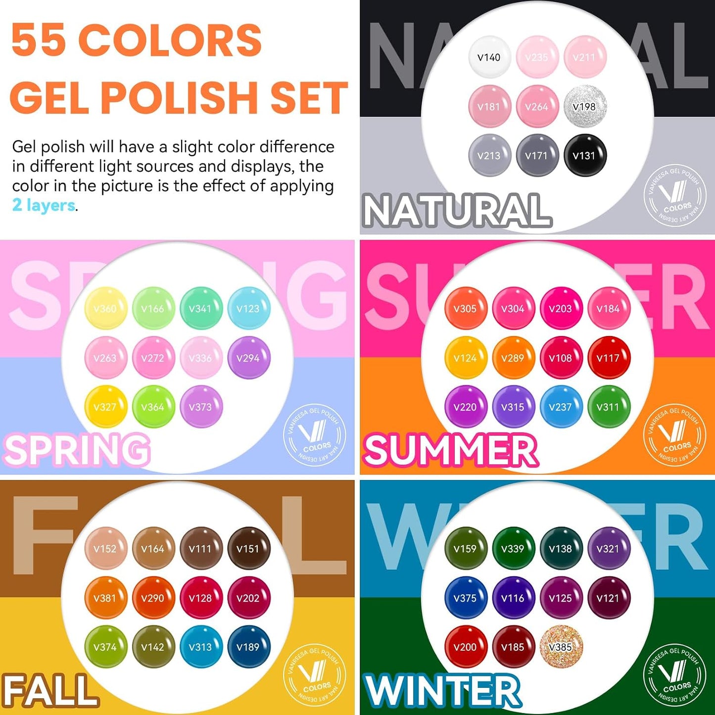 HotVANREESA 60 Pcs Gel Nail Polish Set, 55 Colors Gel Polish with Base Coat & 4 Effects Top Coat Full-Color Nail Polish Set All Seasons Nail Kit Gifts for Women Girls Nail Salon at Home