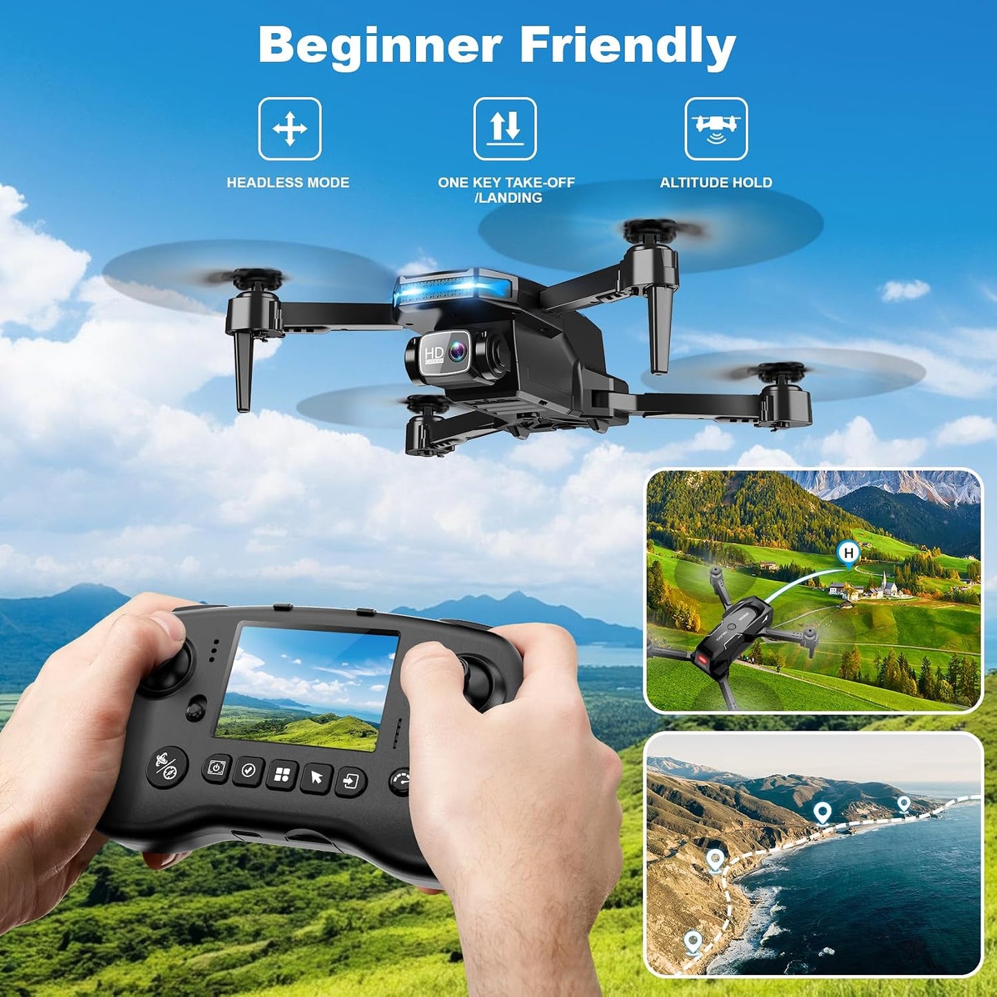 Hot Drone with Camera - Drone with Screen on Controller for Beginners, Foldable Remote Control Quadcopter with Gesture Control, 3D Flip, One Key Start, Emergency Stop, 2 Batteries, Easier to use