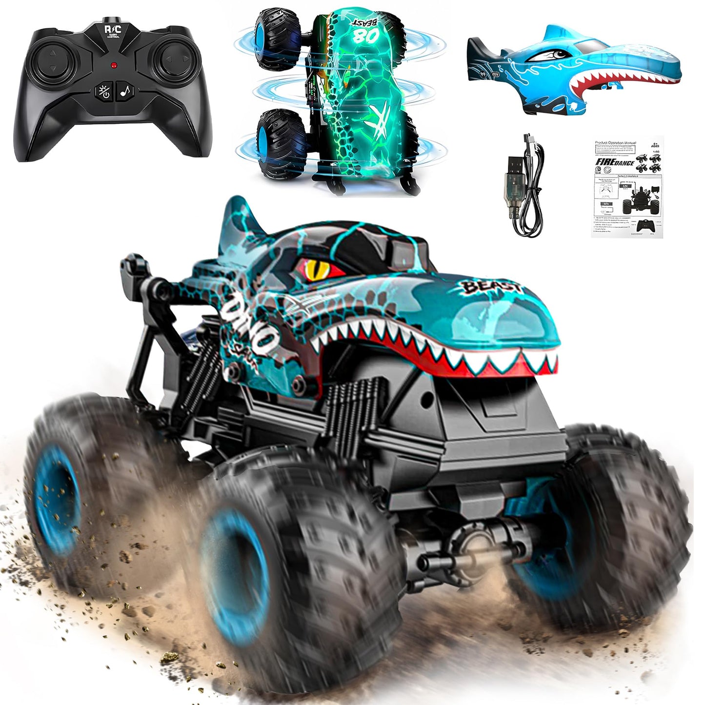 HotBEZGAR Monster Truck Toys - Remote Control Monster Truck with Light & Music, Dinosaur Toys for Kids, 1:20 Scale RC Truck with 360° Spins and Drifting, Remote Control Car for Boys 4-7