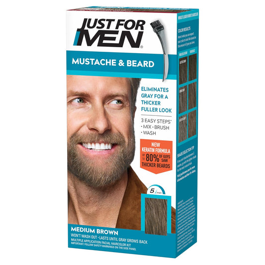 HotJust For Men Mustache & Beard multiple uses Beard Coloring for Gray Hair with Brush, With Keratin Biotin Aloe and Coconut Oil for Healthy Facial Hair Medium Brown, M-35, Pack of 1