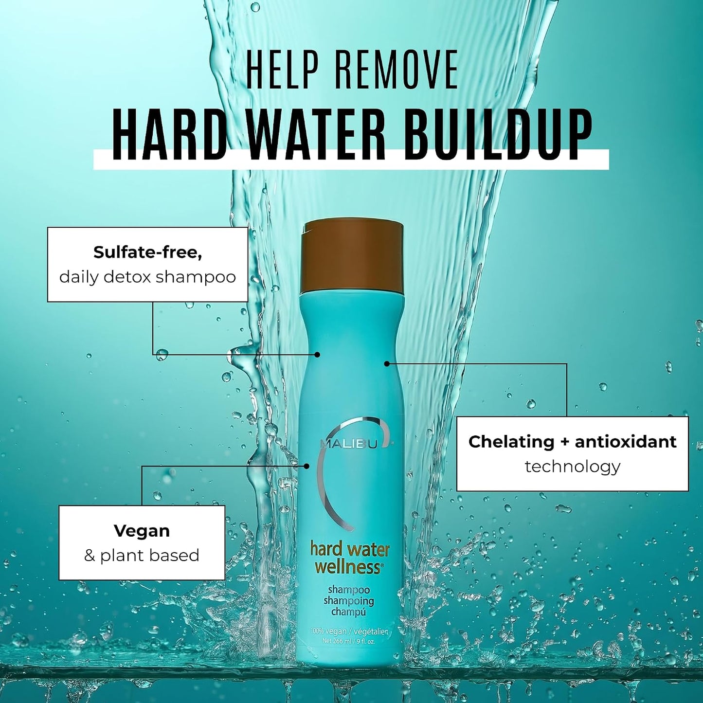 HotMalibu C Hard Water Wellness Shampoo - Hydrating, Sulfate-Free Hair Care for Hard Water - Removes Minerals and Buildup (9 oz)