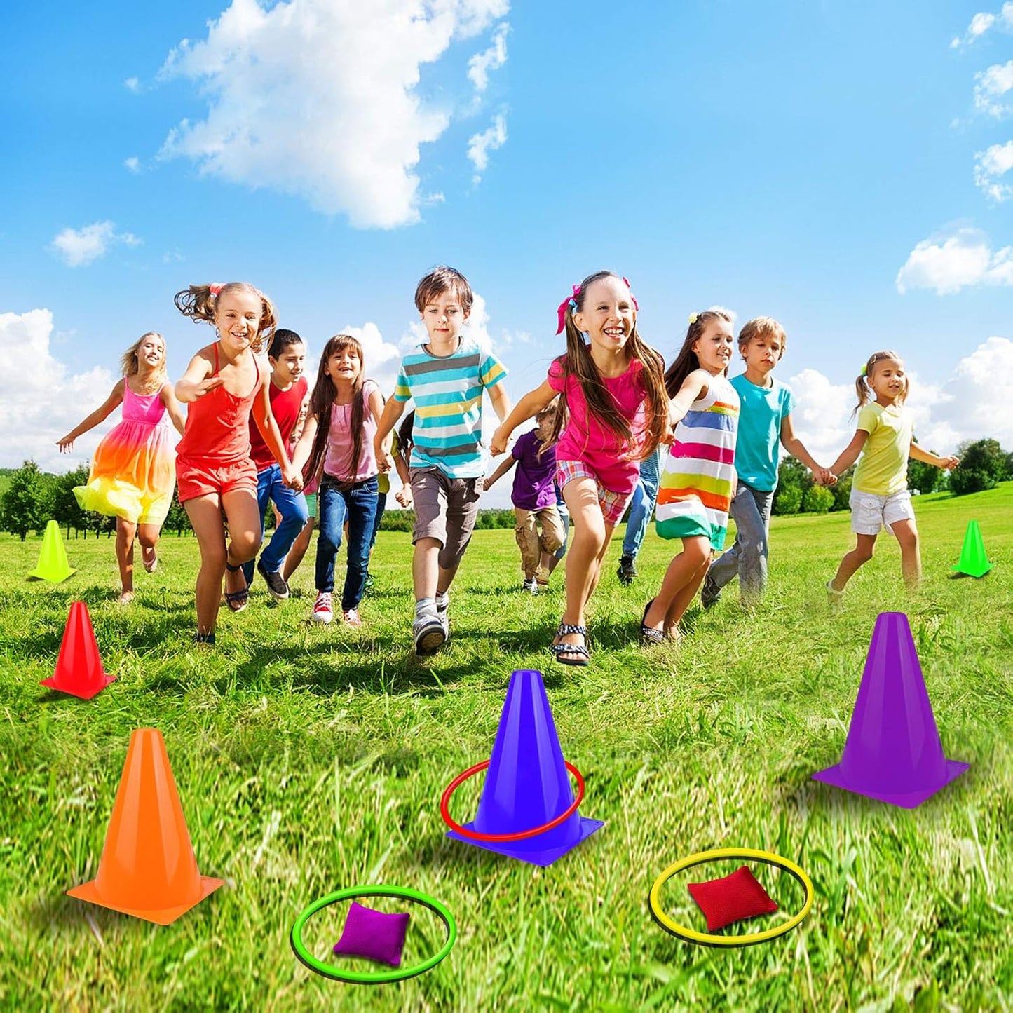 Hot unanscre 31PCS 3 in 1 Carnival Outdoor Games Combo Set for Kids, Soft Plastic Cones Bean Bags Ring Toss Game, Gift for Birthday Party/Xmas