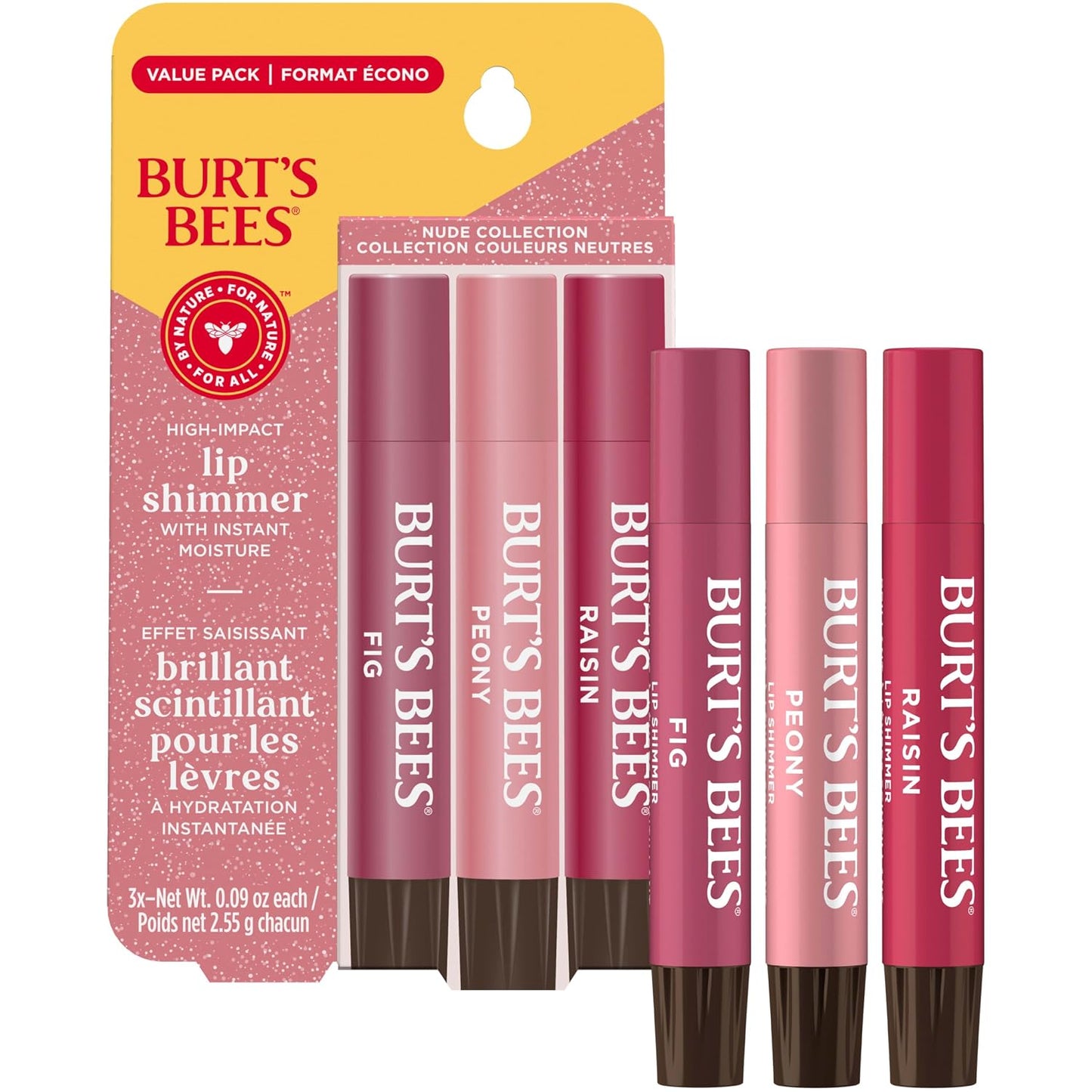 HotBurt's Bees Lip Shimmer Nude Collection, Tinted Lip Balm Stick, Moisturizing for All Day Hydration with Natural Glowy Pigmented Finish & Buildable Color, 3 Warm Shades, Value Pack, 0.09 oz., Three Tubes
