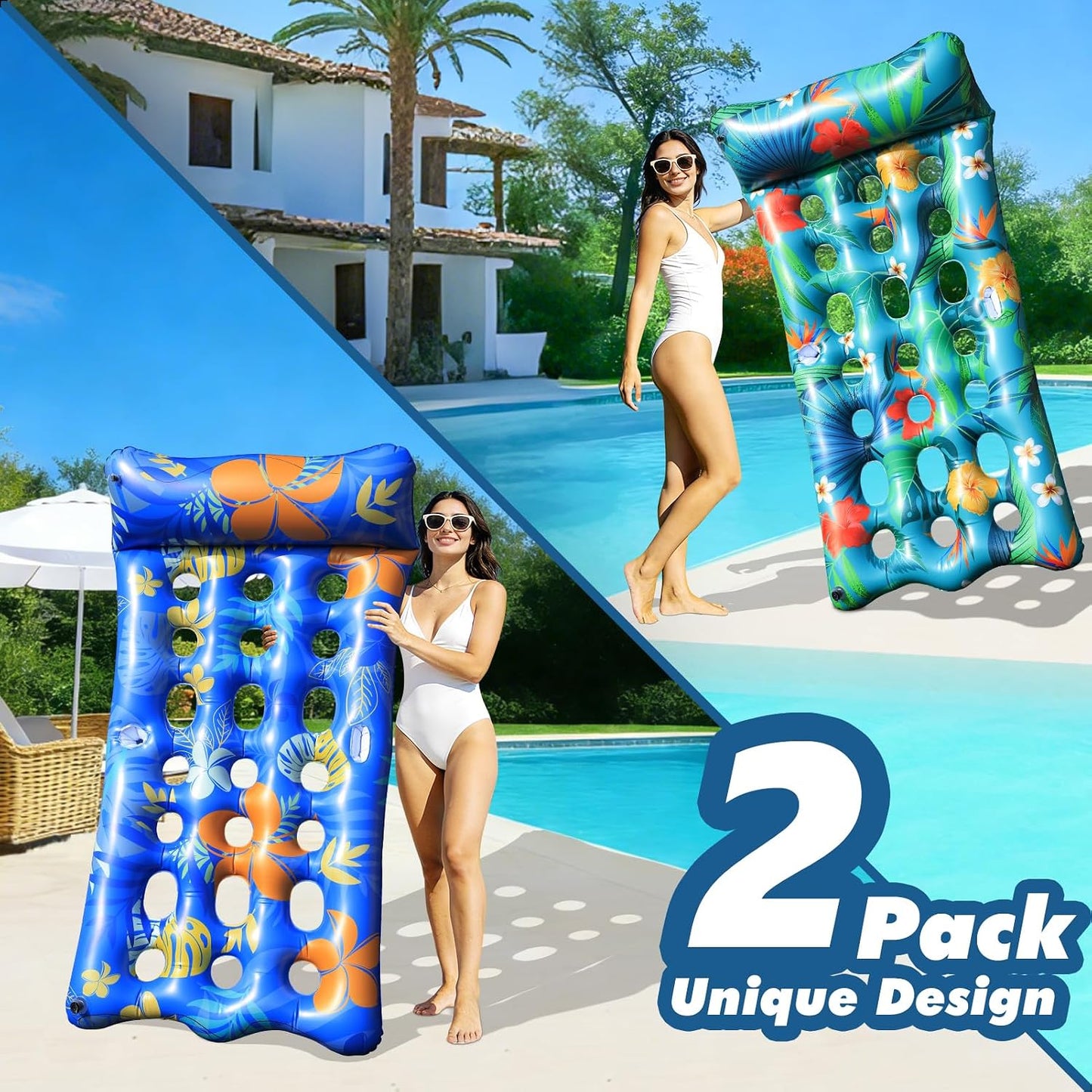 Hot Pool Floats Lounger, 2 PCS 72''x35'' Ultra-Comfort Pool Rafts for Adults with Cooling Headrest and Cup Holders, Pool Floaties Raft Mat for Sun Tanning Swimming Beach Outdoor Pool Lake Party