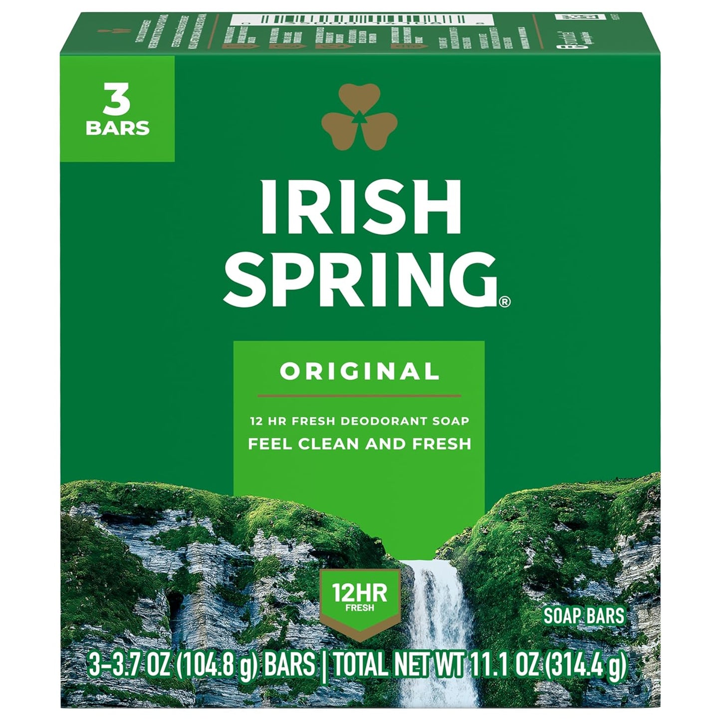 HotIrish Spring Bar Soap for Men, Original Clean, Smell Fresh and Clean for 12 Hours, Men Soap Bars for Washing Hands and Body, Mild for Skin, Recyclable Carton, 3.7 Ounce - 3 Count (Pack of 8)