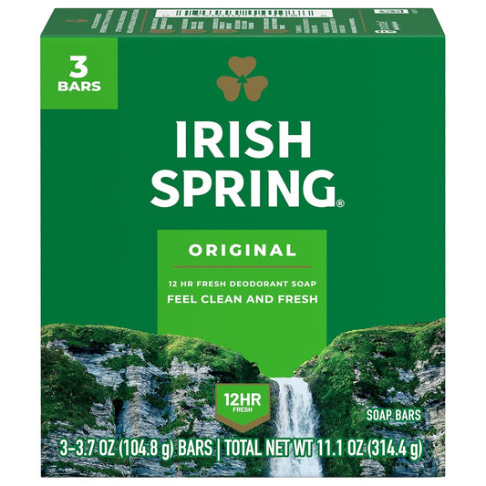 HotIrish Spring Bar Soap for Men, Original Clean, Smell Fresh and Clean for 12 Hours, Men Soap Bars for Washing Hands and Body, Mild for Skin, Recyclable Carton, 3.7 Ounce - 3 Count (Pack of 8)
