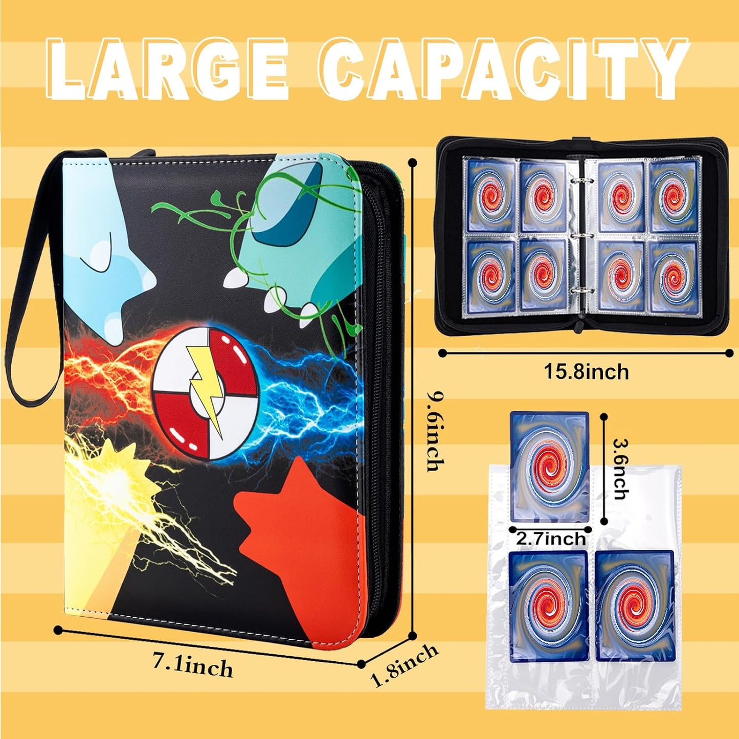HotJravkfi Card Binder 4 Pocket with 50 Removable Sleeves-Can Hold 400 Cards,3-Ring Zipper Sports Book, Ideal for All Card Collectors（Black）