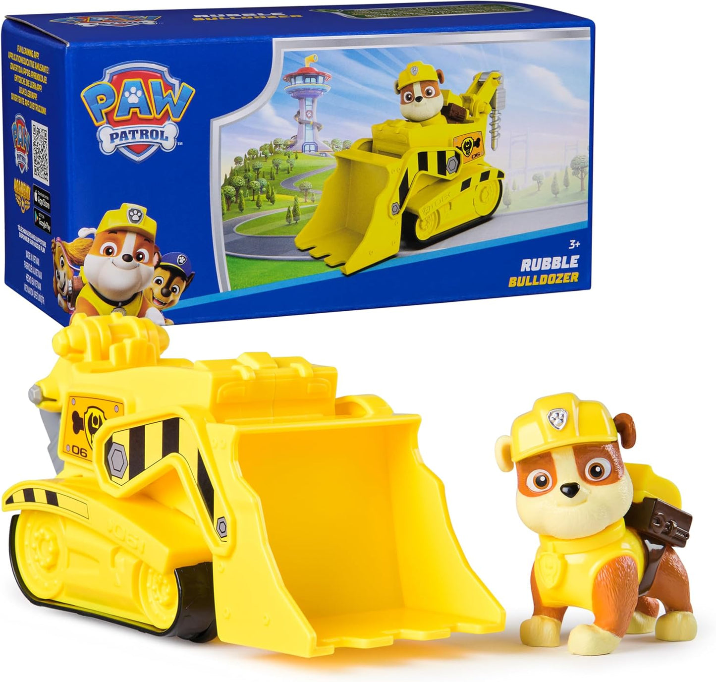 Hot Paw Patrol, Rubble’s Bulldozer Toy Truck with Collectible Action Figure, Sustainably Minded Kids Toys for Boys & Girls Ages 3 and Up