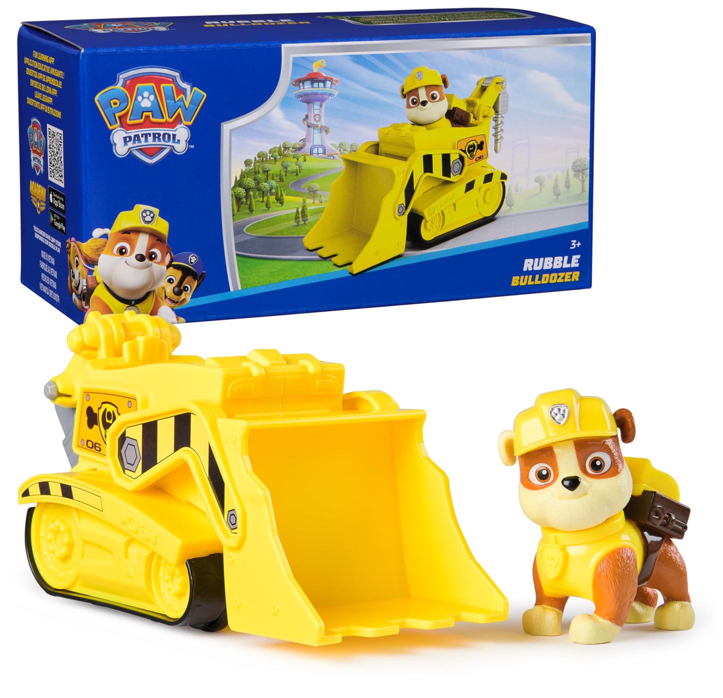Hot Paw Patrol, Rubble’s Bulldozer Toy Truck with Collectible Action Figure, Sustainably Minded Kids Toys for Boys & Girls Ages 3 and Up