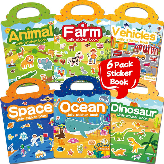 Hot6 Sets Reusable Sticker Book for Toddlers 3-6, Jelly Stickers Book for Kids, Travel Sticker Activity Toys for Childs 3 4 5 6 Years Girls & Boys Best Gifts