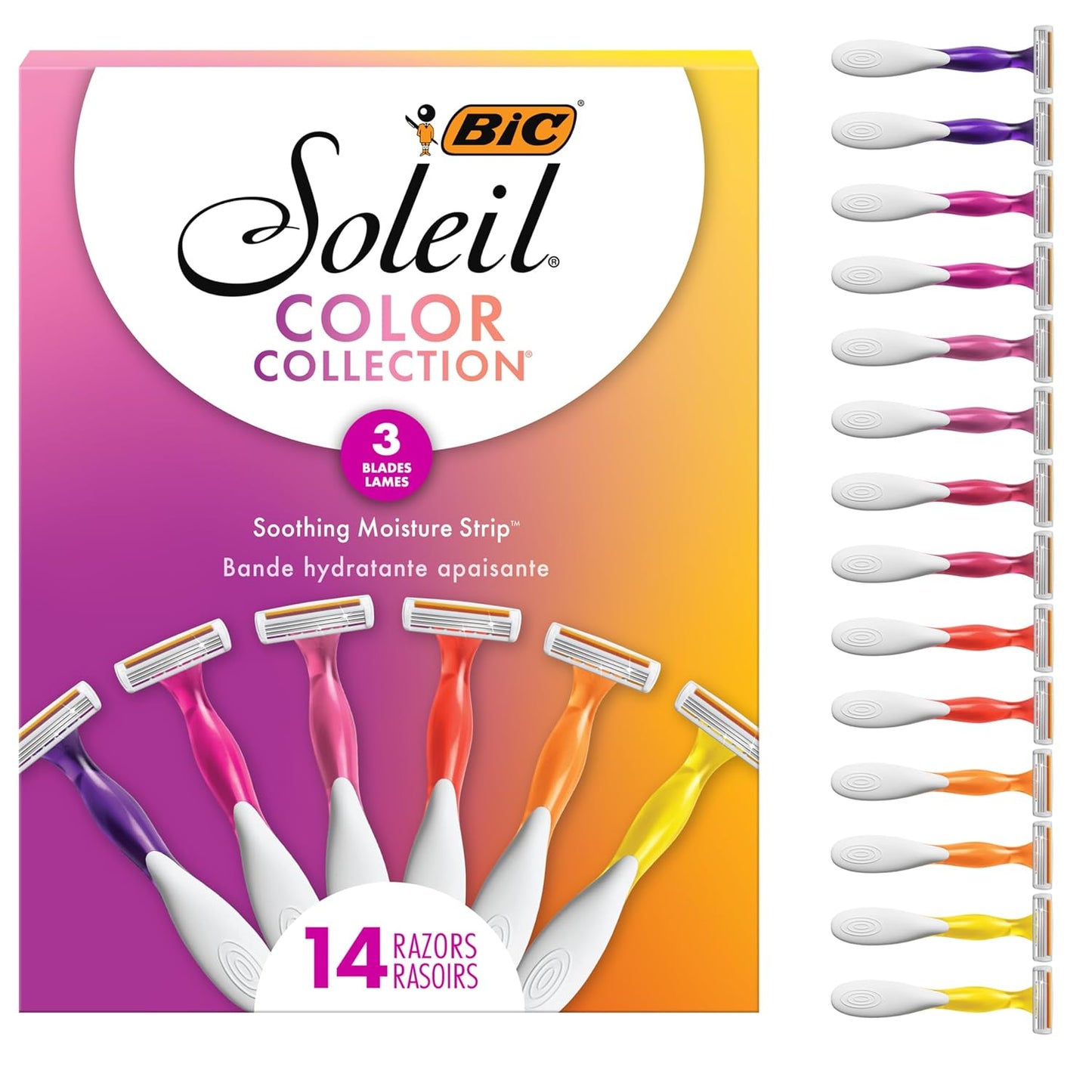 HotBIC Soleil 3 Colors Women's Disposable 3-Blade Razors, Aloe Vera Strip, College Dorm Room Essential, Shower Caddy and Toiletry Bag Ready, 14-Pack
