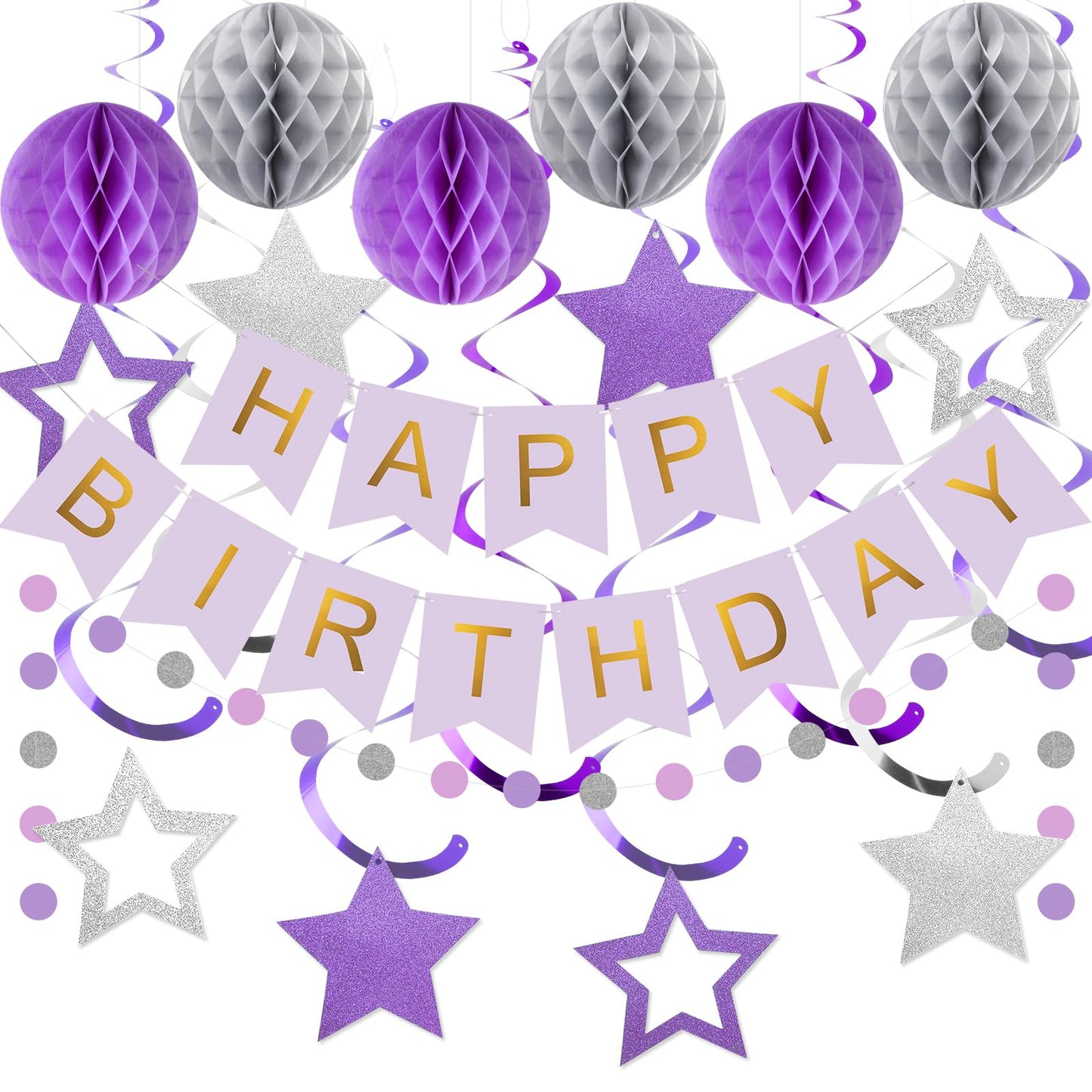 Hotmeowtastic Birthday Decorations Happy Birthday Banner with Honeycomb Balls | 16pcs Birthday Set: 1 Banner+6 Honeycomb Balls+8 Star Spirals+1 Circle Dots, Happy Birthday Decor - Blue