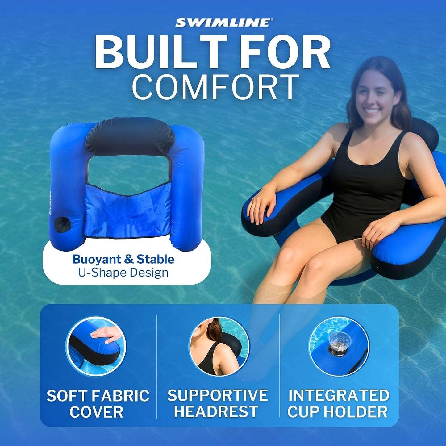 HotSWIMLINE Original Fabric Covered Inflatable Pool Lounger | with Comfortable Sling Seat, Back Rest, and Built in Cup Holder | for Pool, Beach, Lake, and More