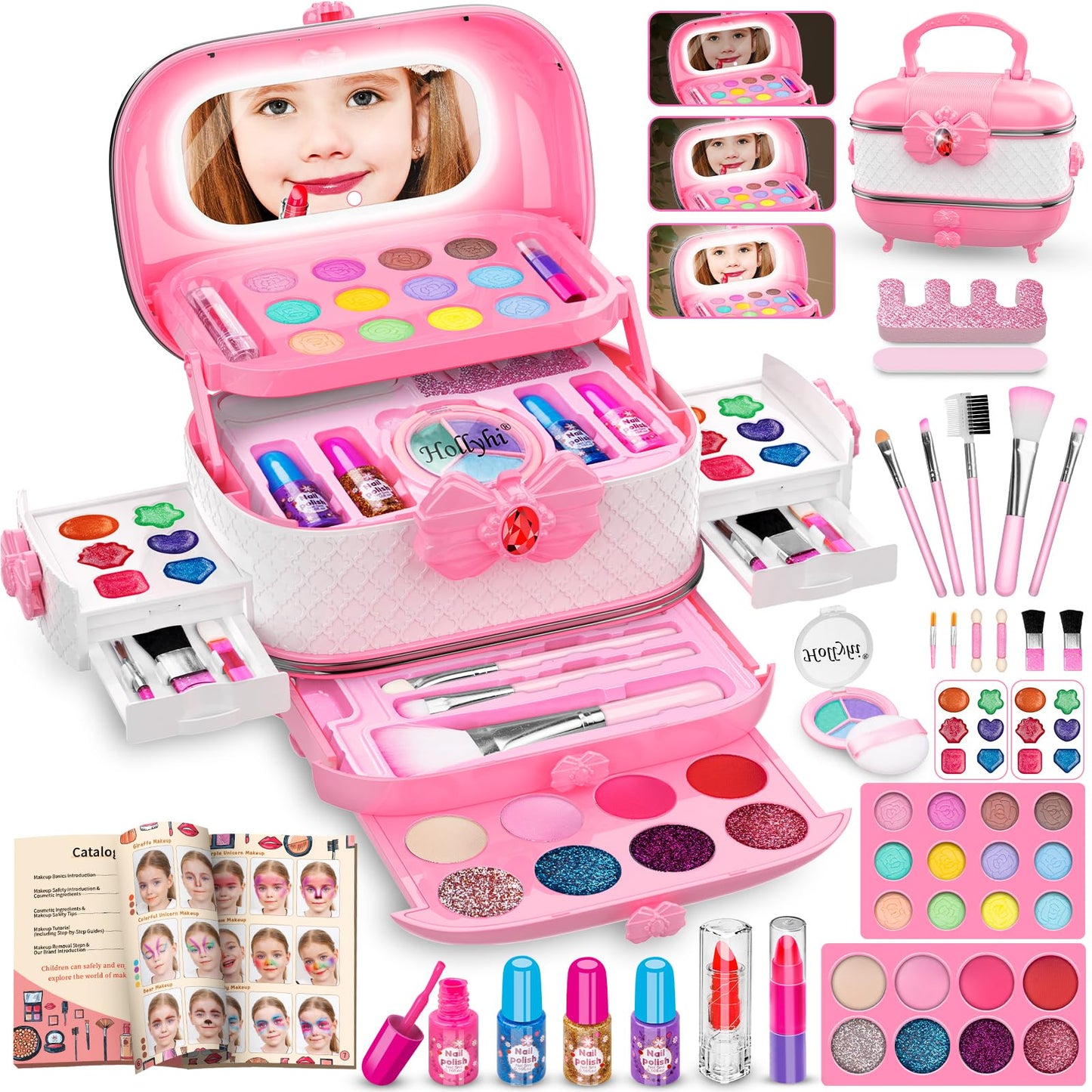HotHollyhi 58 Pcs Kids Makeup Kit for Girl, Princess Toys Real Washable Cosmetic Set with Mirror, Kids Makeup Sets for Girls, Play Make Up Birthday Gifts for 3 4 5 6 7 8 9 10 11 12 Years Old Kid (Rose)
