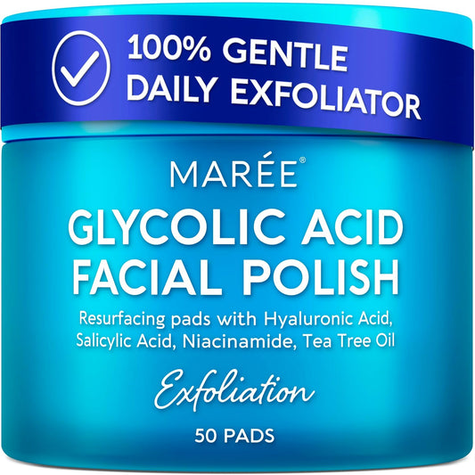 HotMAREE Glycolic Acid Pads - Toner Pads for Face Cleansing - Exfoliating Pad with Tea Tree Oil, Salicylic Acid & Vitamins E, B3, B5 - Facial Polishes & Peels, Skin Pore Resurfacing & Radiance - 50 Count