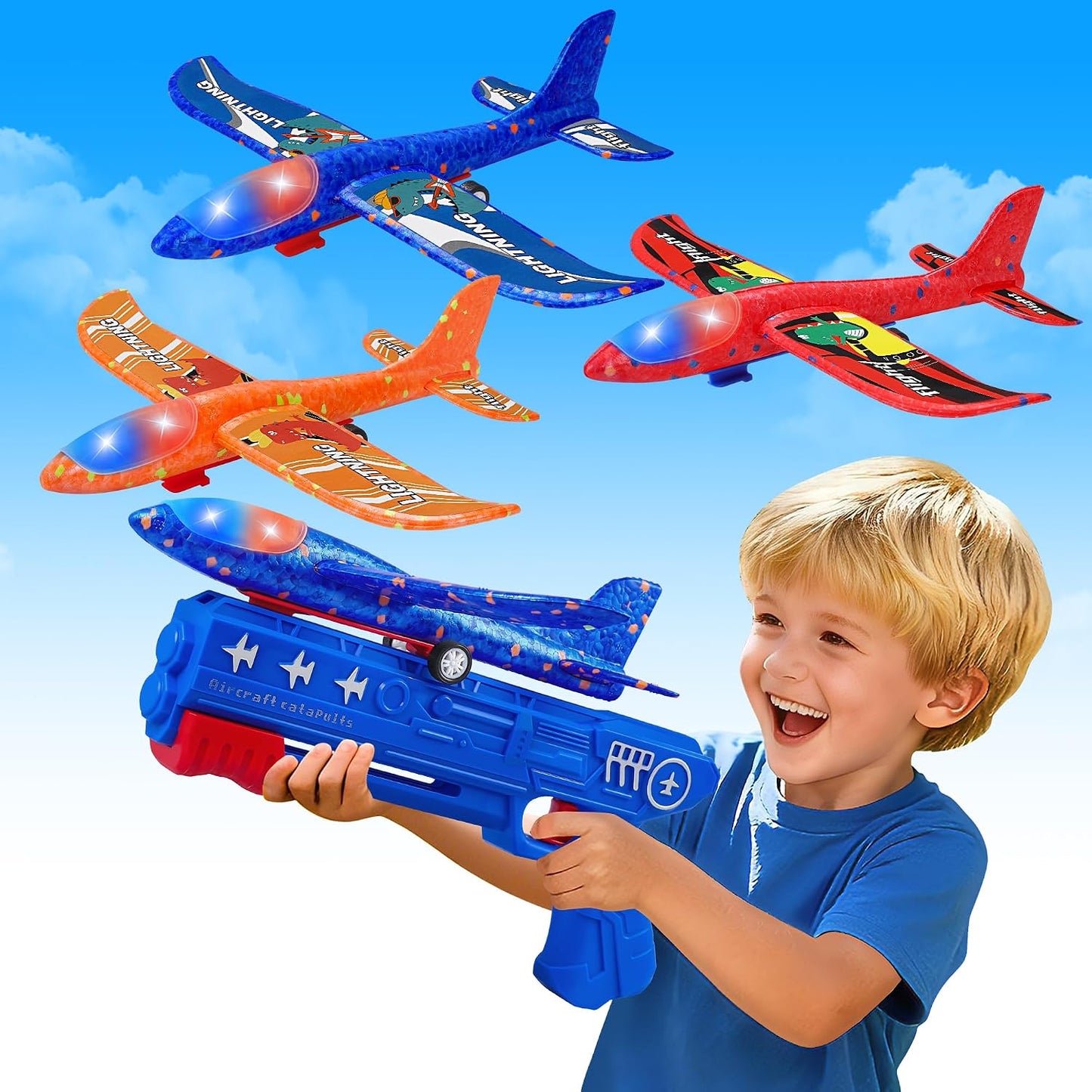 Hot LJZJ 3 Pack Airplane Launcher Toys, 2 Flight Modes LED Foam Glider Catapult Plane, Outdoor Flying Toy for Kids, Birthday Gifts for Boy Girl 3+ Year Old, B-Day Party Supplies