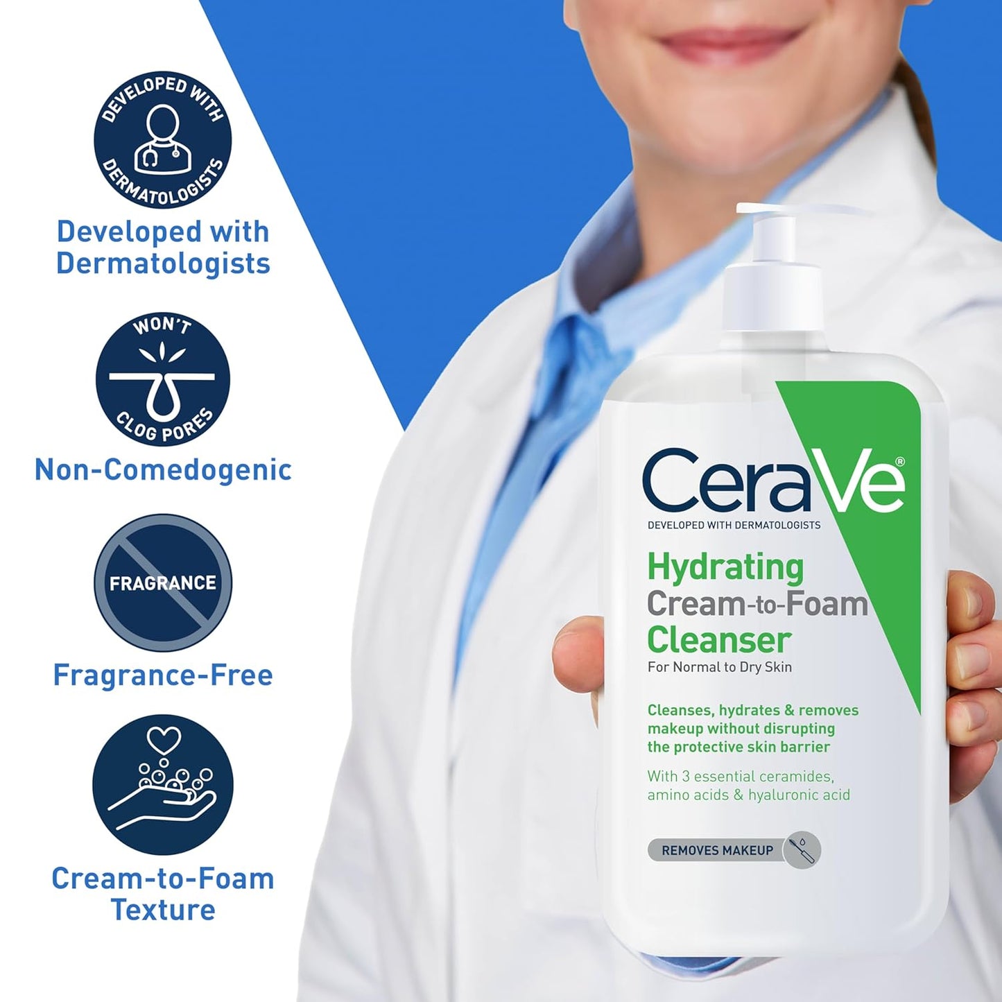 HotCeraVe Hydrating Cream To Foam Cleanser, Makeup Remover Face Wash For Dry Skin, Foaming Facial Cleanser With Hyaluronic Acid, Normal To Dry Skin, Fragrance Free & Non Comedogenic, 19 Fluid Ounce