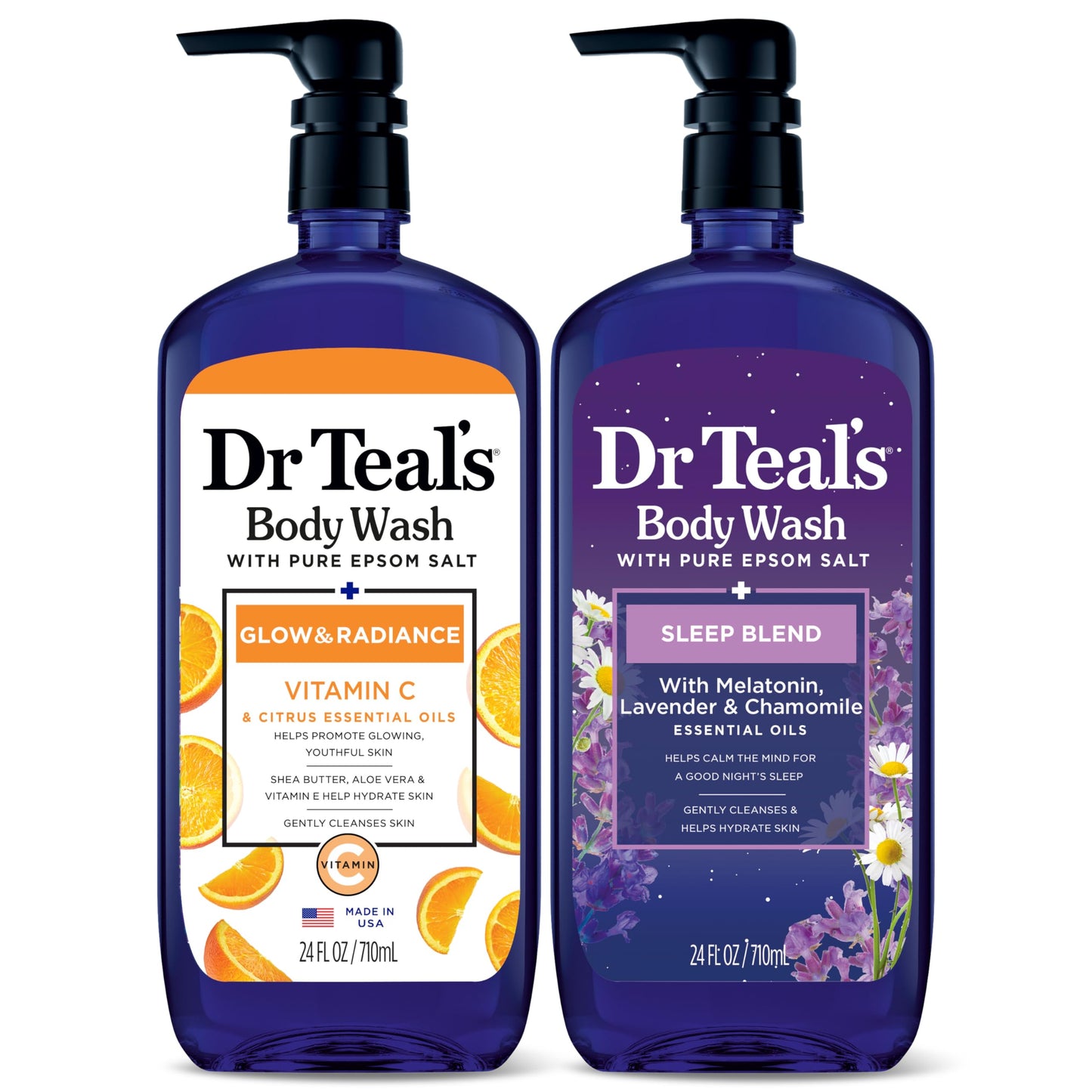 HotDr Teal's Body Wash with Pure Epsom Salt, Glow & Radiance with Vitamin C & Citrus Essential Oils, 24oz (Pack of 2)