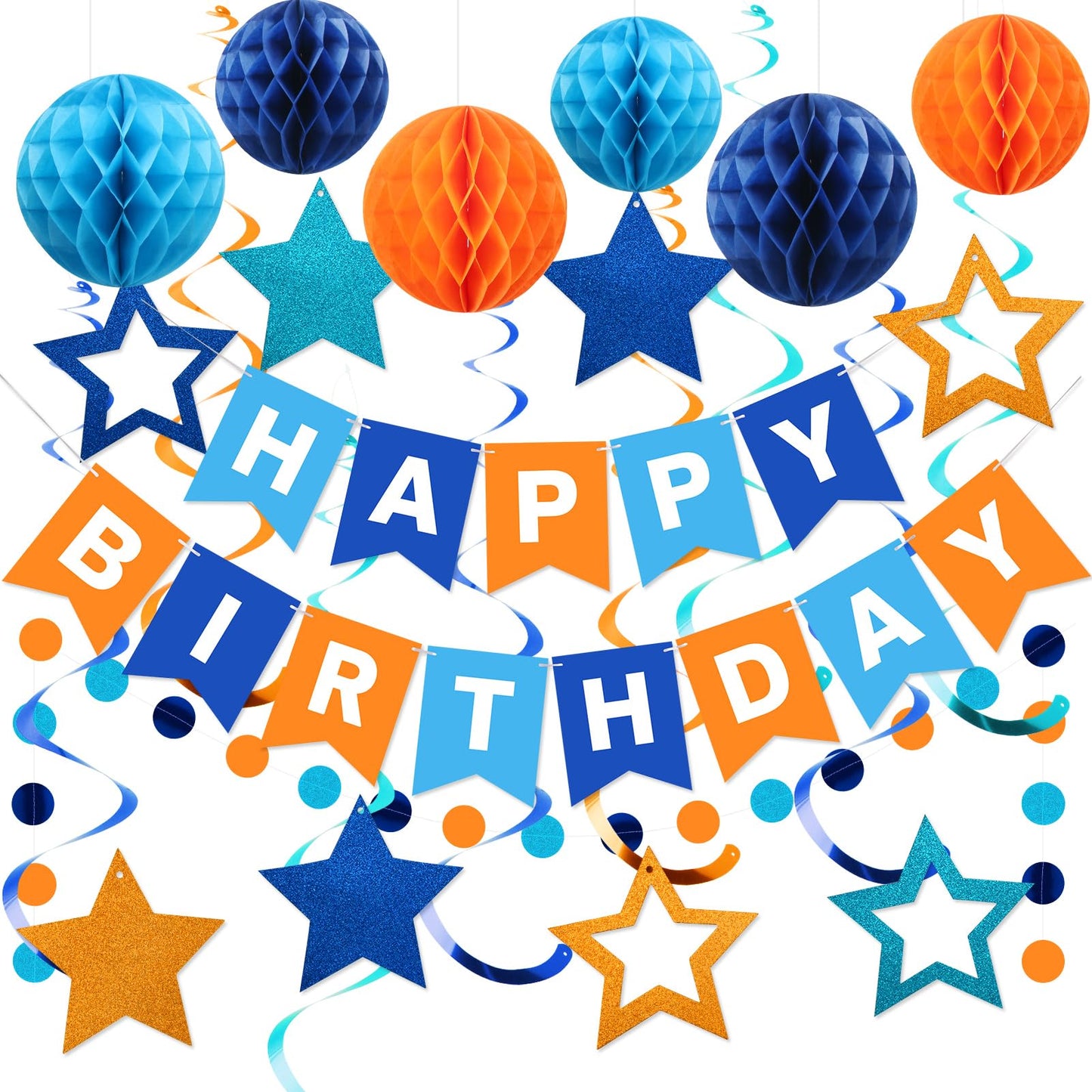 Hotmeowtastic Birthday Decorations Happy Birthday Banner with Honeycomb Balls | 16pcs Birthday Set: 1 Banner+6 Honeycomb Balls+8 Star Spirals+1 Circle Dots, Happy Birthday Decor - Blue