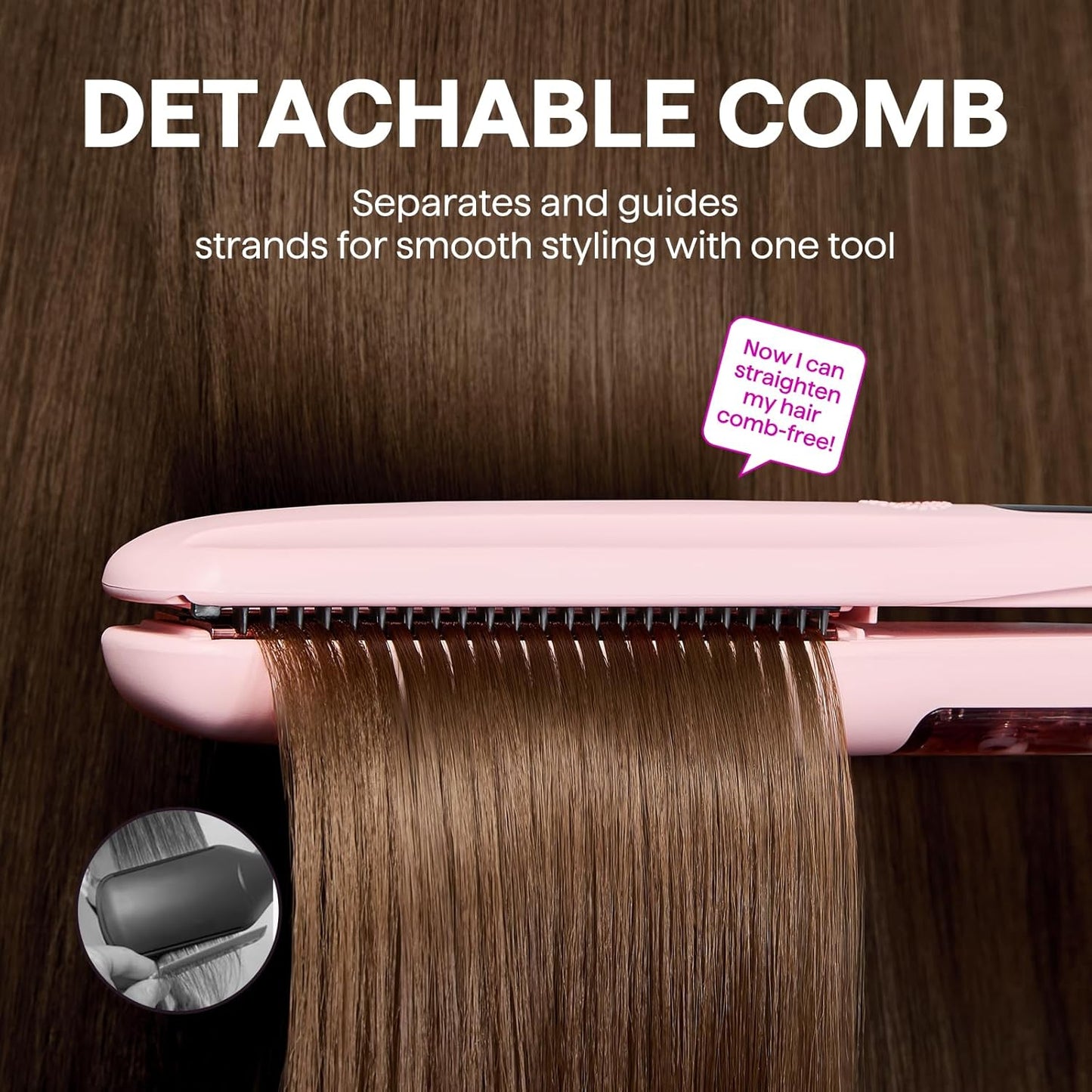 HotWavytalk Steam Hair Straightener 1.38'' with Detachable Comb for Silk Press | Steam Reduces Damage, Nourishes Hair & Expedites Straightening, Anti-humidity, Frizz Control, Nano Titanium Flat Iron, Pink