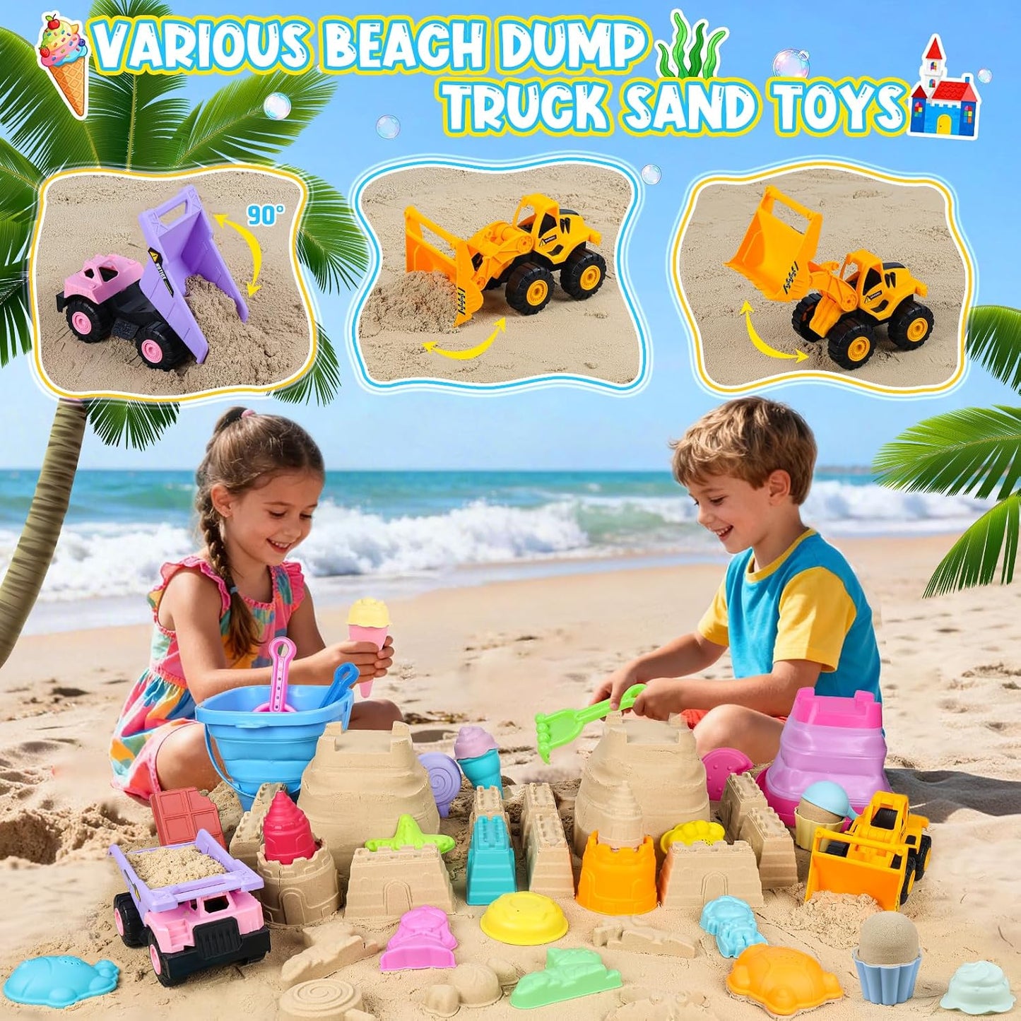 Hot EULRGAUS Beach Toys, 36 PCS Sand Toys with Construction Vehicles, Collapsible Bucket, Princess & Prince and Ice Cream Toys, Sand Castle Building Kit, Beach Shovel, Beach Games for Kids, Boys and Girls