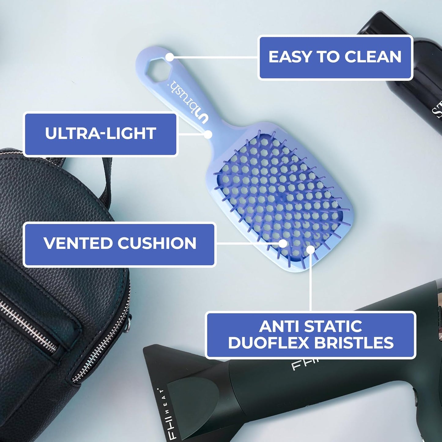 HotFHI Heat UNbrush Detangling Brush for Pain-Free Brushing on All Wet or Dry Hair Types — Durable DuoFlex Anti-Static Bristles, Lightweight Handle, Vented Hair Brush, Periwinkle Light Blue