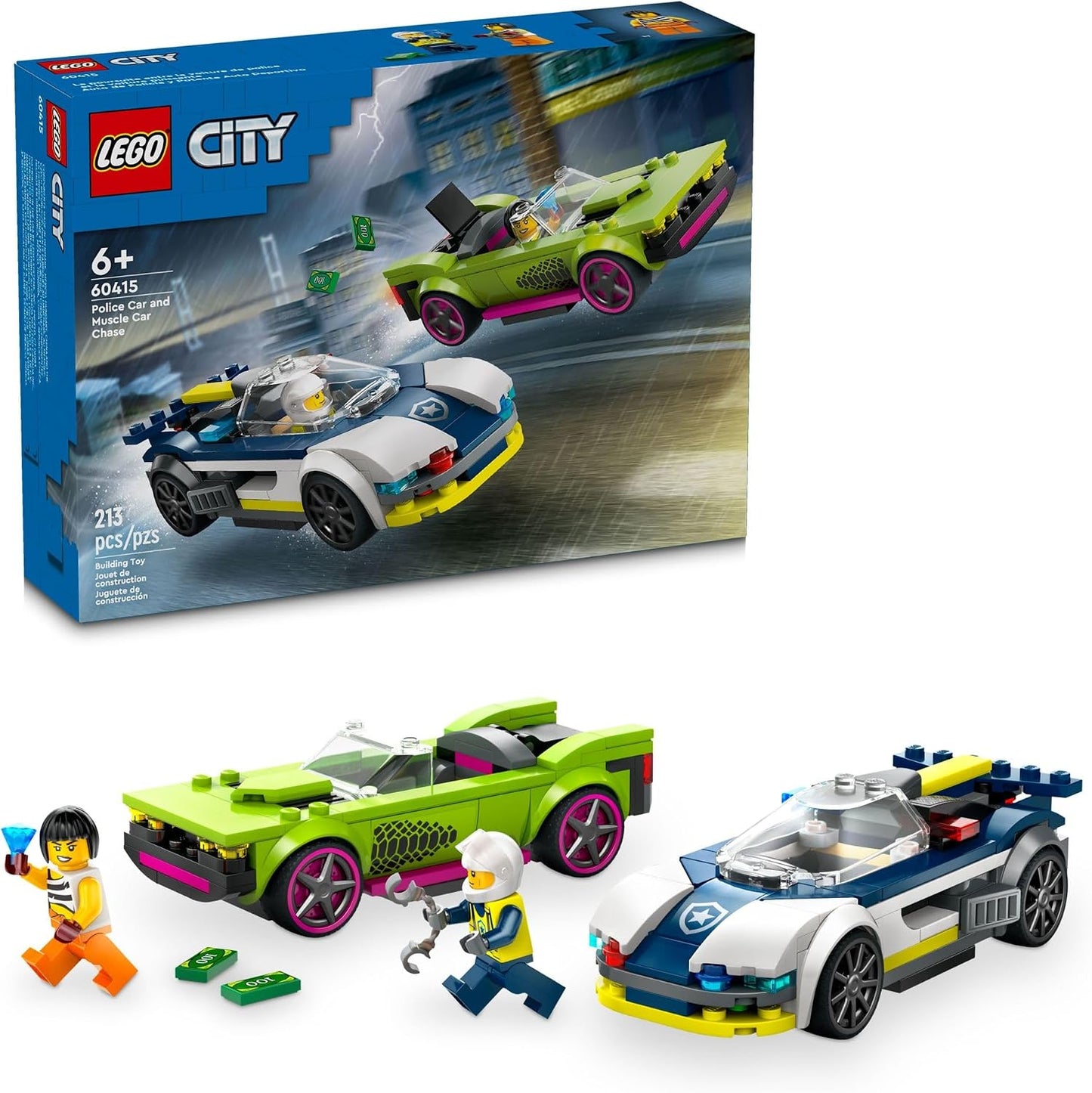 Hot LEGO City Police Car and Muscle Car Chase, Emergency Vehicle Toy for Boys and Girls, Fun Gift for Kids Ages 6+ who Love Pretend Play Toys, Police Toy with Officer and Crook Minifigures, 60415