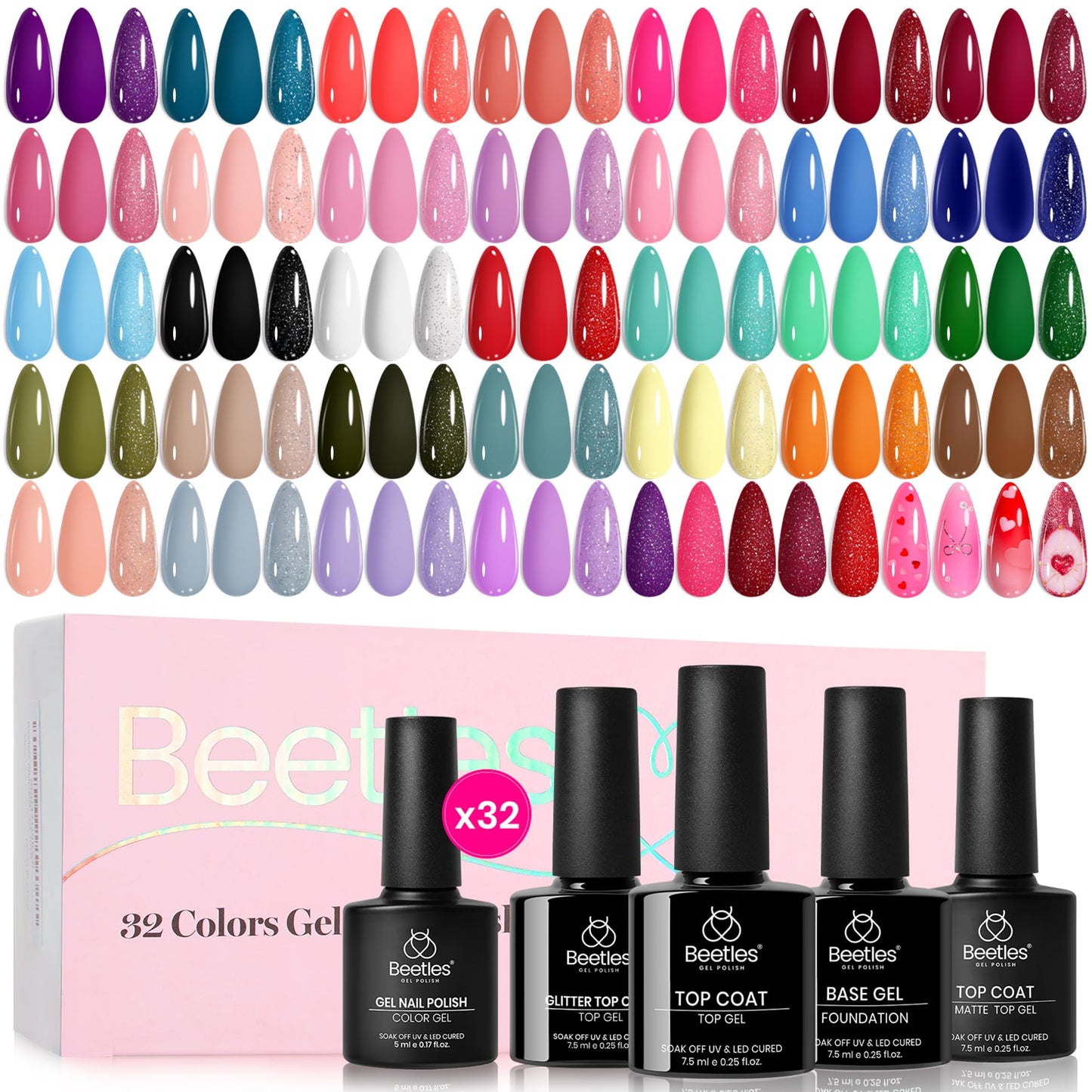 HotBeetles Fall Gel Polish Set - Fingertip Palette, 32 Colors Polish Set with Base Top Coat Pink Red Blue Purple Brown Yellow Green Black White UV LED Lamp Nails Gifts for Women | With Base Gloosy Matte Glitter Top Coat, Pink Red Blue Purple Brown Yellow