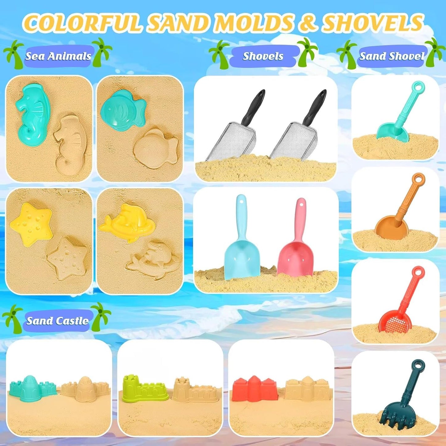 HotBeach Sand Toys for Kids,Sand toys with 2 Collapsible Beach Bucket,2 Beach Sifter Shovel,Sand Shovel Set,Sand Castle Kit,Sea Animal Molds,Diving Gem Pool Toy,Mesh Bag Travel Toys for Toddler 3-10