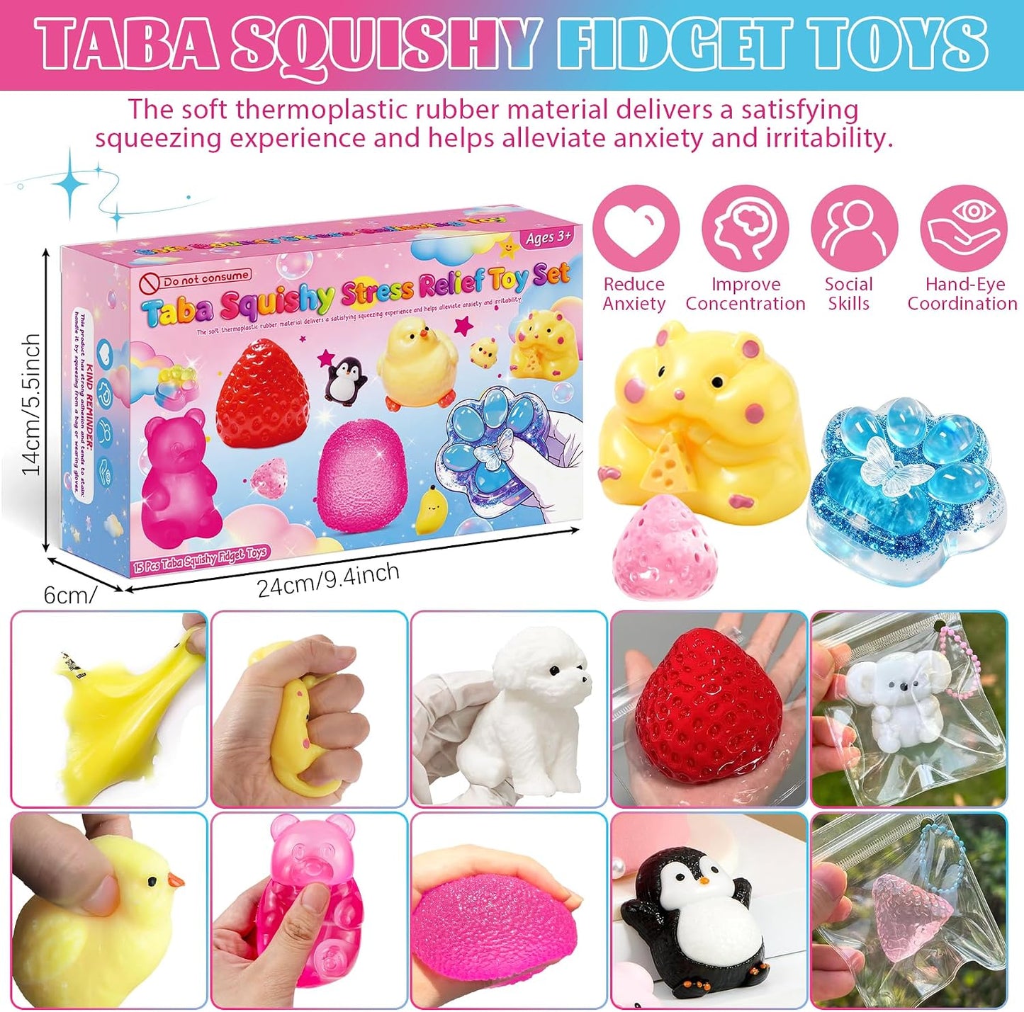 Hot 15Pcs Taba Squishies Kit, Squishies Fidget Toys, Including Strawberry, Cat Paw, Hamster Toy, Stress Relief Toys Party Favors for Kids 4-8 8-12, Sensory Toys Birthday Easter Gifts