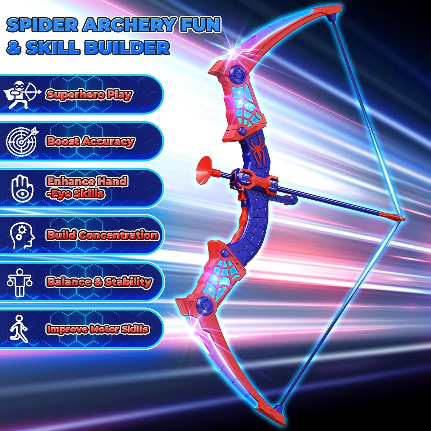 HotSpider Toys for Boys Age 3-4 4-6 6-8 8-12, Kids Toy BowArrow Shooting Set with Red & Blue LED Lights, Spider Quiver & Web Target, 8 Suction Cup Arrows, Toys Gifts for 3 4 5 6 7 8 9 10 12 Year Old Boys