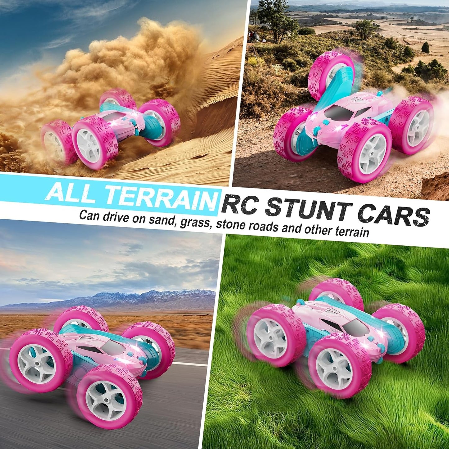 HotQUNREDA RC Cars, Pink Remote Control Car for Girls, 2.4 GHZ Double Sided RC Stunt Car 360° Rotating Remote Control Crawler with Headlights Car Toys for 6 7 8 9 10 11 12 Girls Birthday Gift Grandkids