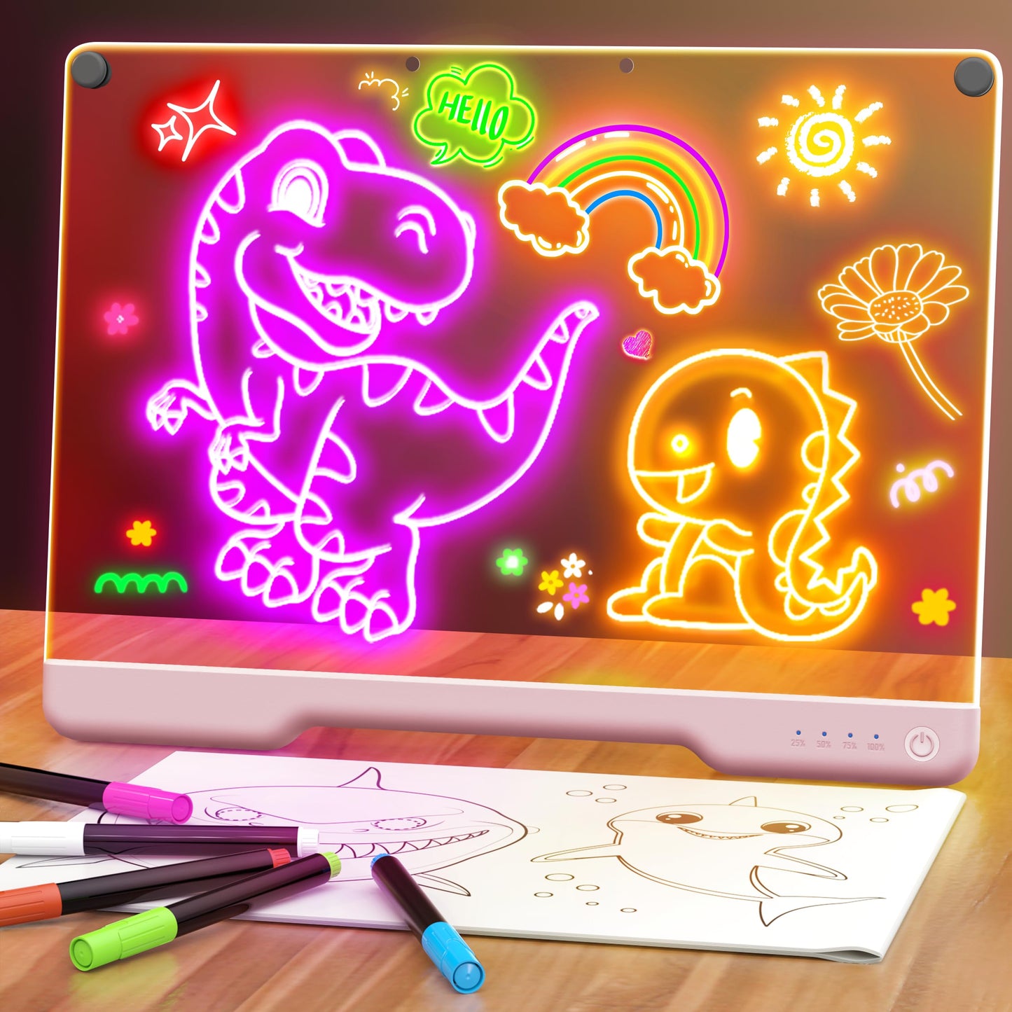 HotGeokay 16" Rechargeable LED Drawing Board, 9-Color Light Modes, Neon Art Dry Erase Light Up Doodle Glow Pad with Built-in Stand, Sketching Gift Toy for Kids/Girls/Teens, 7 Markers & Tracing Book