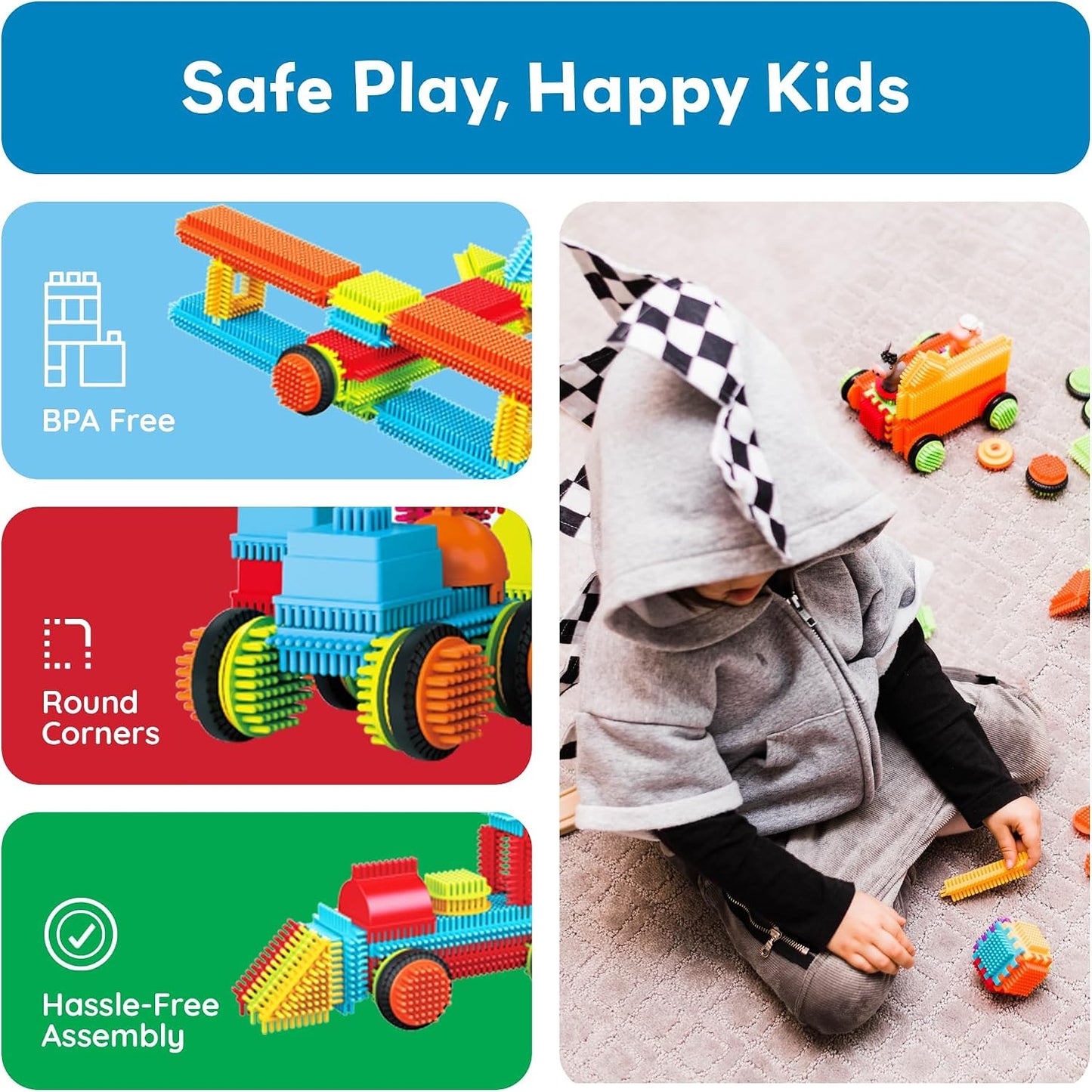 HotPicassoTiles 120pcs Hedgehog Interlocking Building Blocks Tiles Construction Toy Set Learning Playset STEAM Development Preschool Kindergarten Toy for Kids Age3+ PTB120 | Soft rubbery texture, easy-connect forms, BPA-free & lead-safe material, 20+ 3D d