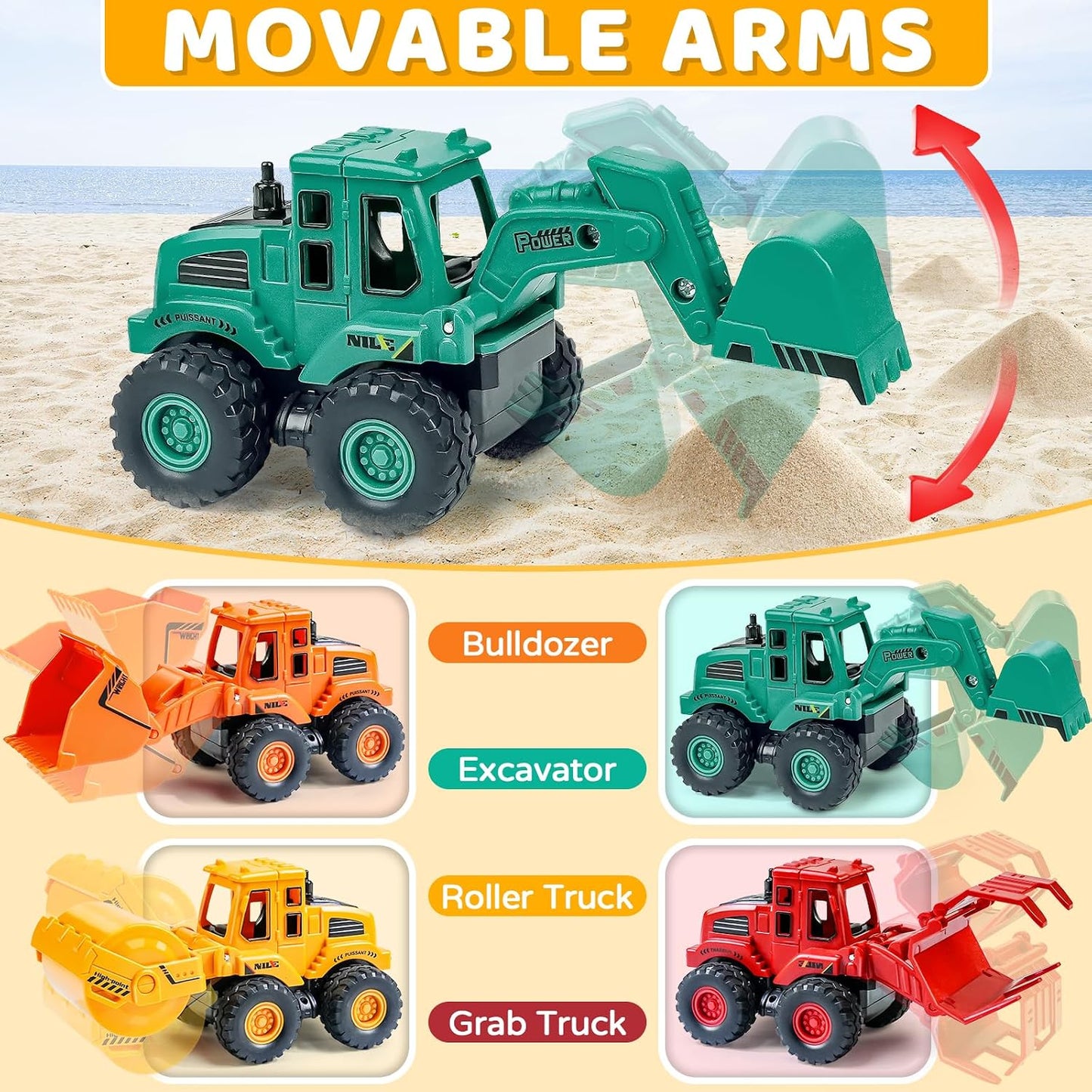 Hot Beestech Construction Toys for 3 Years Old Boys Girls Kids, Friction Powered Construction Truck Toys Vehicles Sand Toys Trucks Excavator, Bulldozer, Road Roller (Colorful 4 Pack)