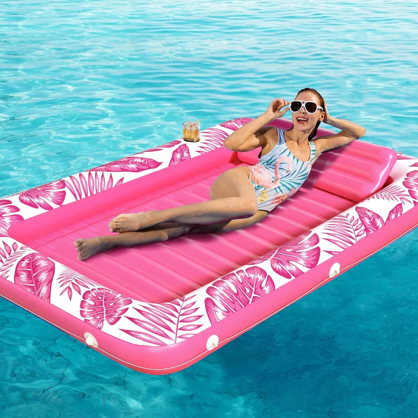 Hot Inflatable Tanning Pool Lounger Float - Jasonwell 4 in 1 Sun Tan Tub Sunbathing Pool Lounge Raft Floatie Toys Water Filled Tanning Bed Mat Pad for Adult Blow Up Kiddie Pools Kids Ball Pit (Rose,L)